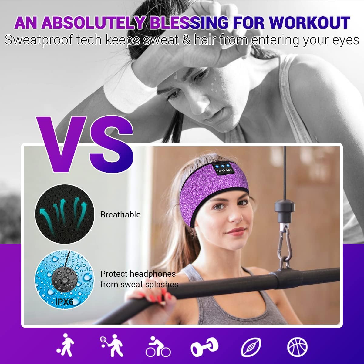 LC-dolida Sleep Headphones Bluetooth Headband Sleeping Wireless Headband Headphones with Thin HD Stereo Speakers Perfect for Side Sleepers, Sport, Yoga, Travel