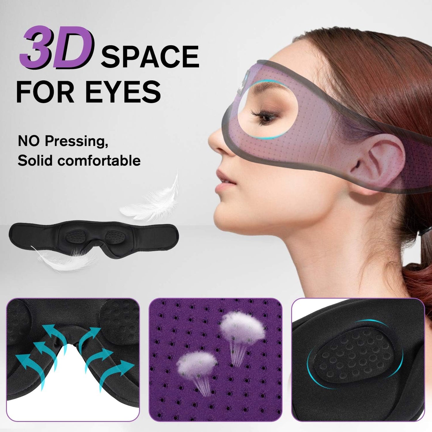 LC-dolida Sleep Headphones, Sleep Mask Bluetooth Wireless Music Eye Mask, Sleeping Headphones for Side Sleepers Sleep Mask with Bluetooth Headphones Ultra-Thin Stereo Speakers Perfect for Sleeping