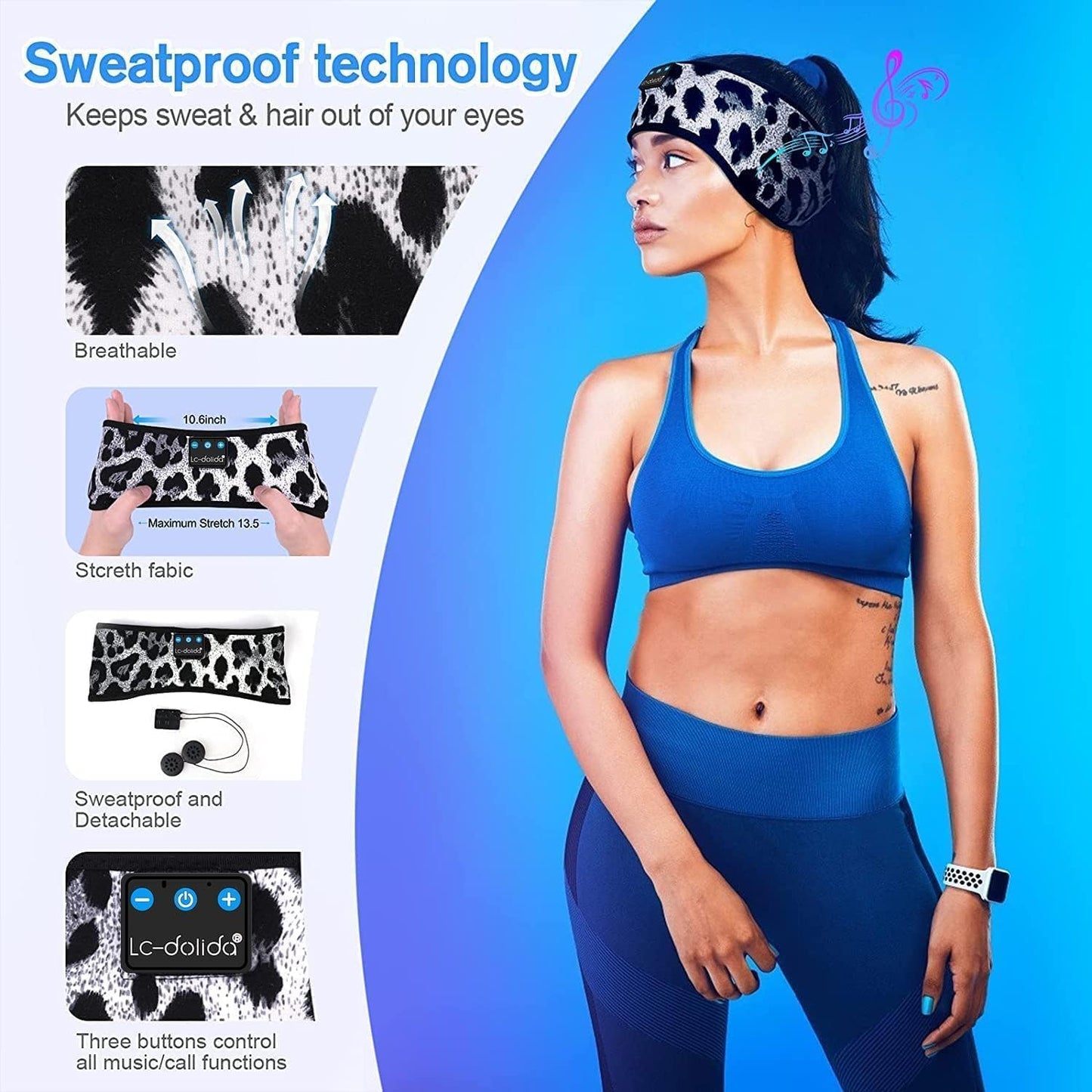LC-dolida Sleep Headphones Bluetooth 5.4 Headband, Sports Wireless Earphones with Ultra-Thin HD Stereo Speaker Sweat Resistant Earbuds Sleeping Headphone for Workout Running Cool Gadgets Unique Gifts