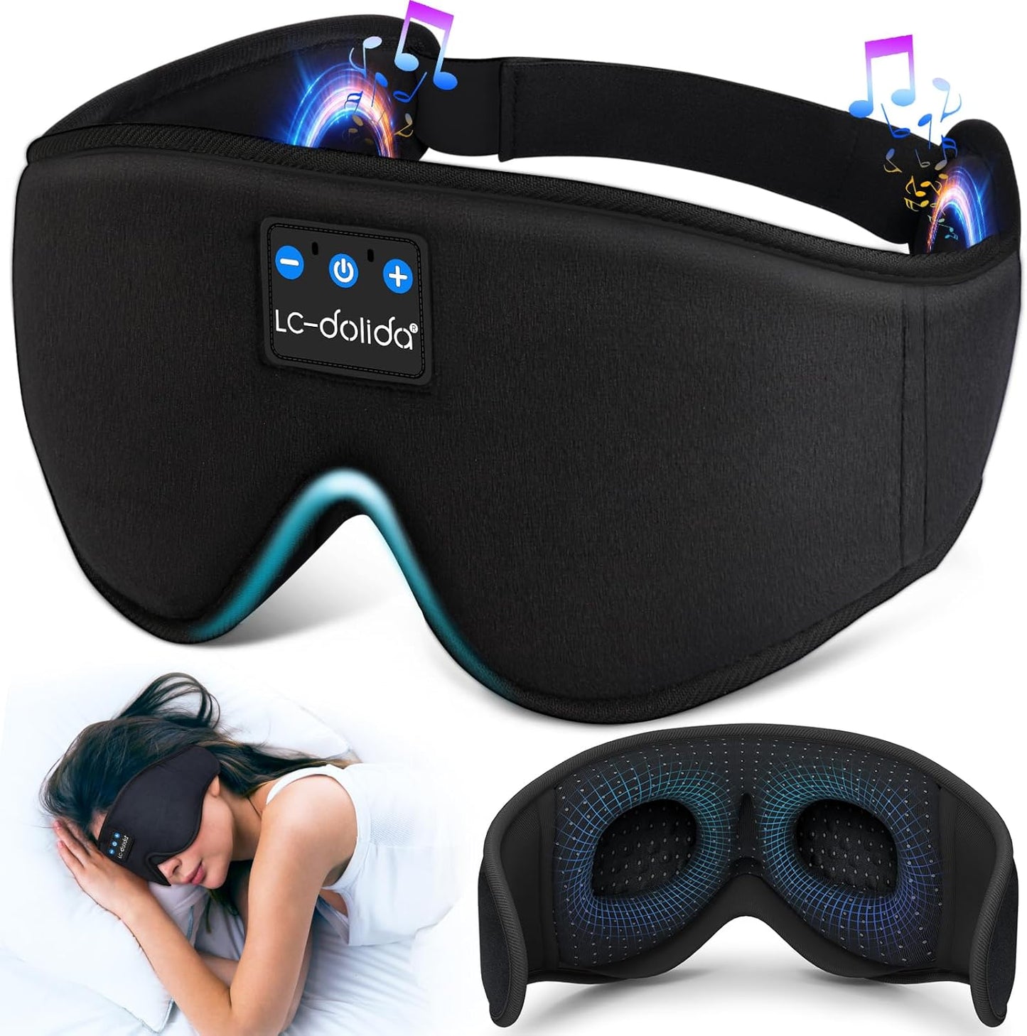 LC-dolida Sleep Headphones, White Noise Bluetooth Sleep Mask 3D Wireless Eye Mask Sleeping with Timing, Sleep Mask with Bluetooth Headphones for Side Sleepers Travel Yoga