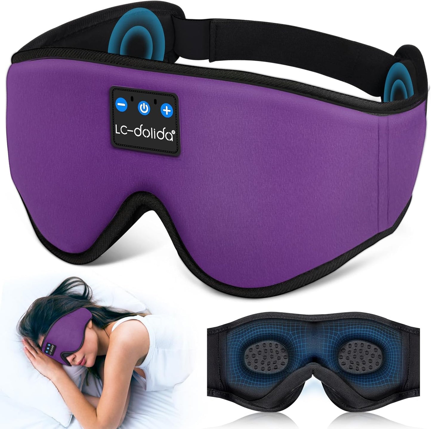LC-dolida Sleep Headphones, White Noise Bluetooth Sleep Mask 3D Wireless Eye Mask Sleeping with Timing, Sleep Mask with Bluetooth Headphones for Side Sleepers Travel Yoga
