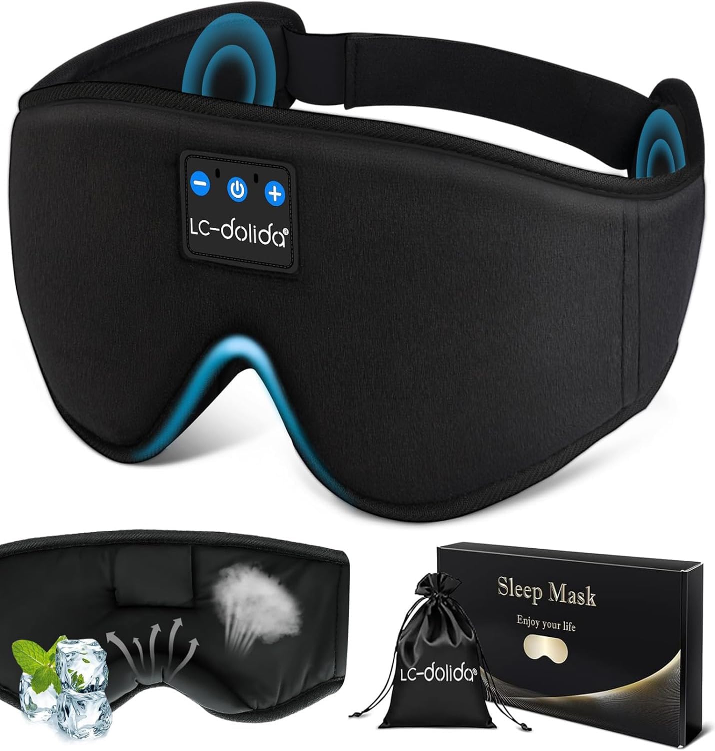 LC-dolida Sleep Headphones, White Noise Bluetooth Sleep Mask 3D Wireless Eye Mask Sleeping with Timing, Sleep Mask with Bluetooth Headphones for Side Sleepers Travel Yoga, Cool Gifts Men Women