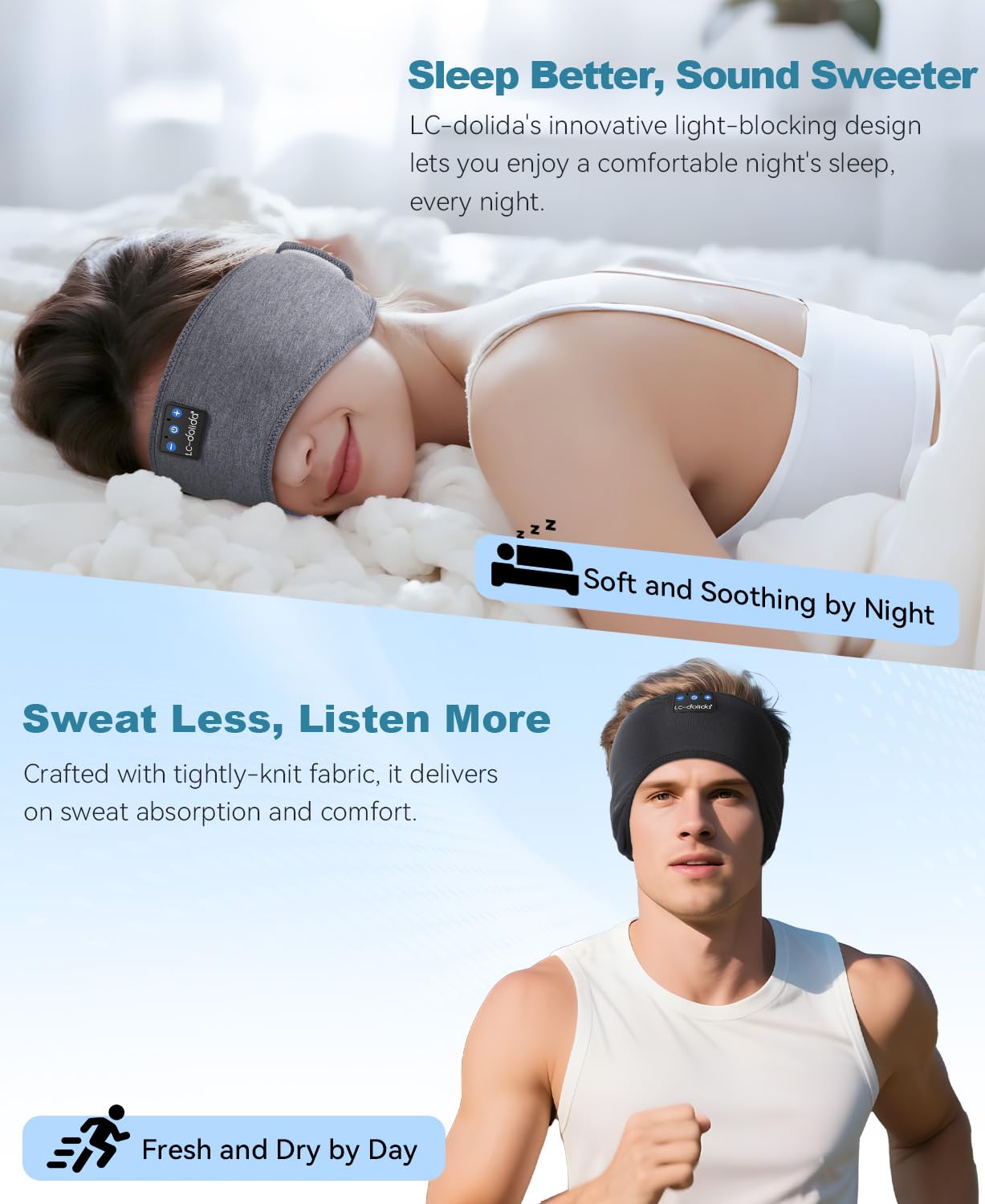 LC-dolida 2-Pack Sleep Headphones Bluetooth 5.4, Sports Headband Earphones Wireless with Ultra-Thin HD Stereo Speaker for Sleeping Gift Workout Jogging Yoga Insomnia Travel Meditation