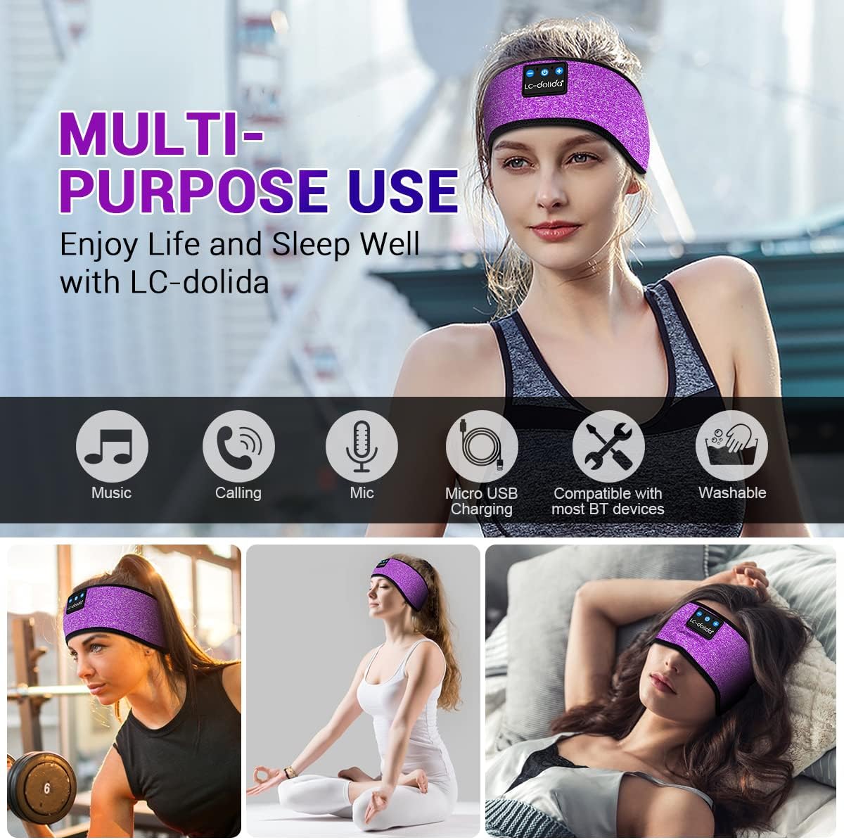 LC-dolida Sleep Headphones Bluetooth Headband Sleeping Wireless Headband Headphones with Thin HD Stereo Speakers Perfect for Side Sleepers, Sport, Yoga, Travel