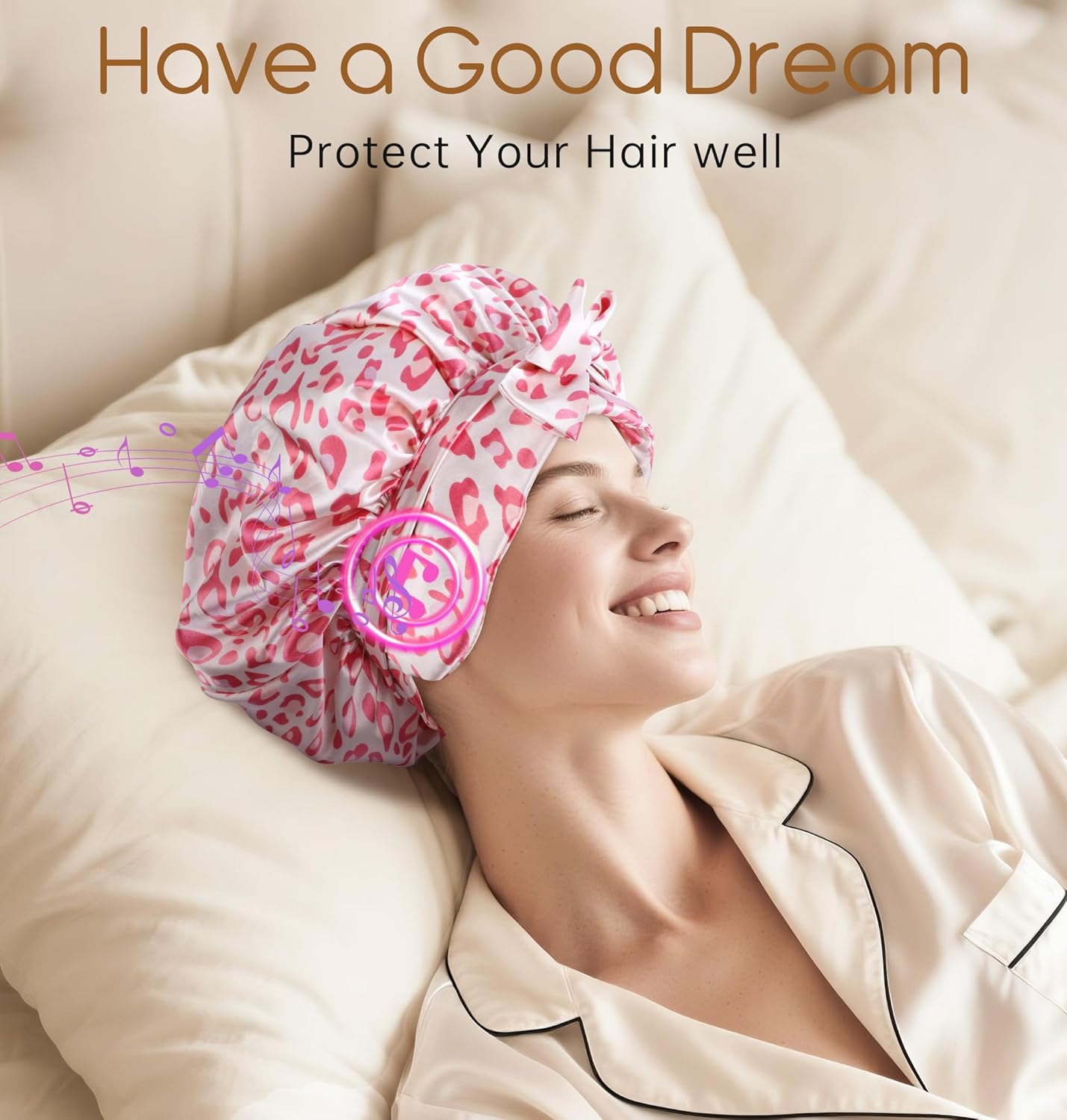 LC-dolida Bluetooth Silk Bonnet for Sleeping Women, Ajustable Satin Bonnet Night Sleep Hat Double Layer for Curly Hair with Tie Band Shower Caps - Pink Leopard