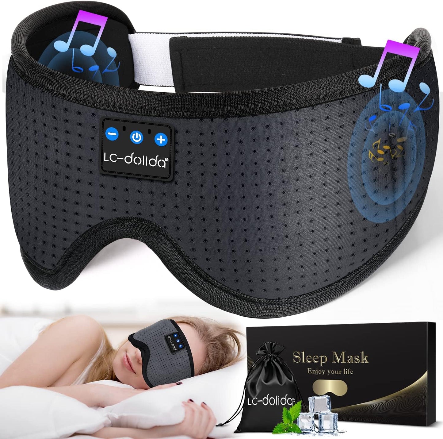 LC-dolida Sleep Headphones, White Noise Bluetooth Sleep Mask 3D Wireless Eye Mask Sleeping with Timing, Sleep Mask with Bluetooth Headphones for Side Sleepers Travel Yoga