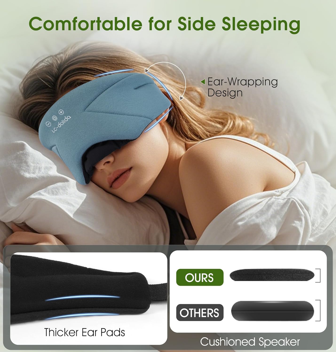 LC-dolida Sleep Mask with Headphones Bluetooth 5.4, LC-dolida Wireless Music Eye Mask for Sleeping Headphones with Soft Bamboo Cotton Cooling Breathable,Ultra-Thin Stereo Speaker for Side Sleepers-Ash Blue