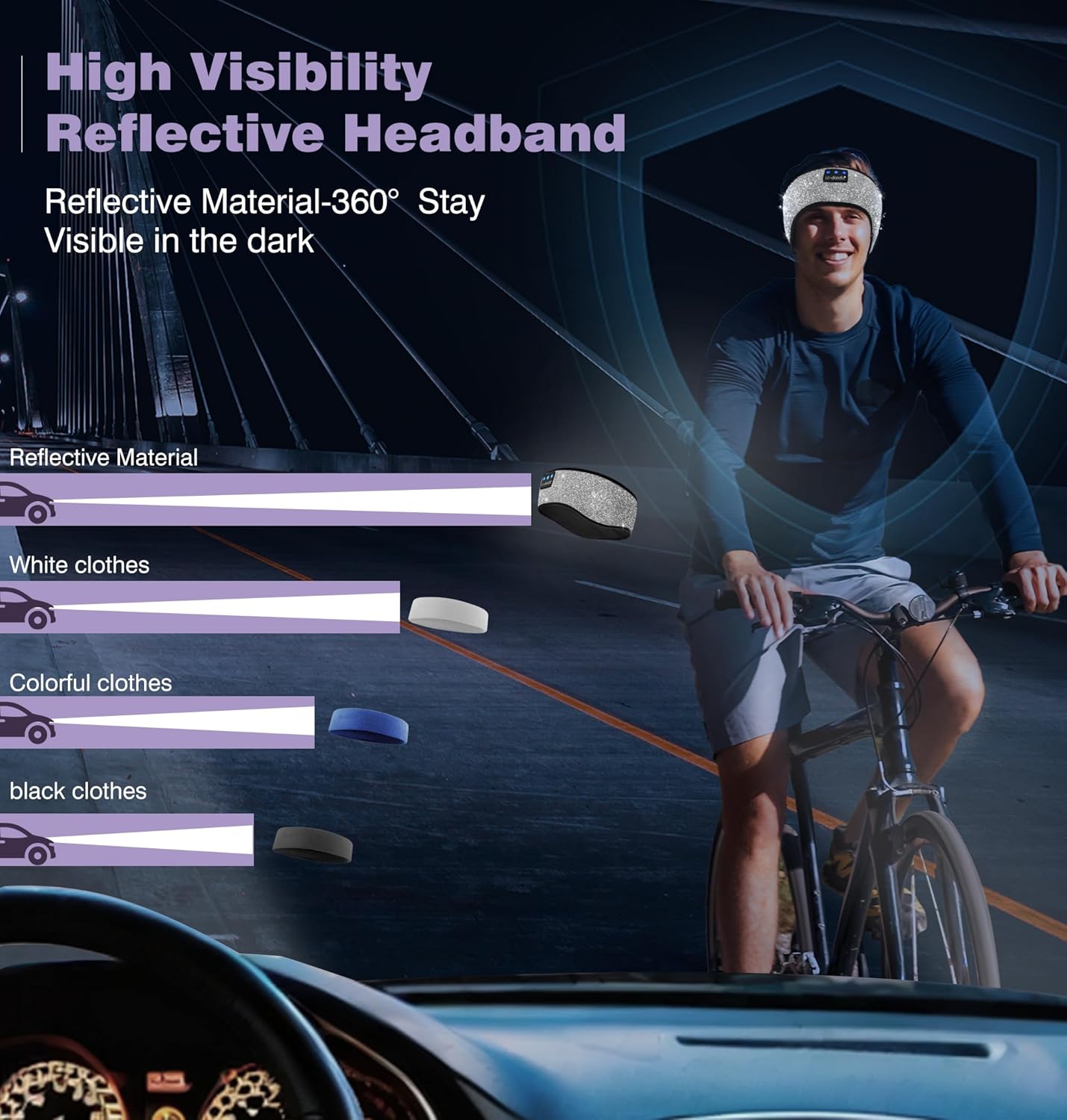 LC-dolida Reflective Black Headband Headphones Wireless, High Visibility Bluetooth 5.4 Over Ear Headphones Cooling Headband for Night Cycling, Jogging, Hiking, Outside