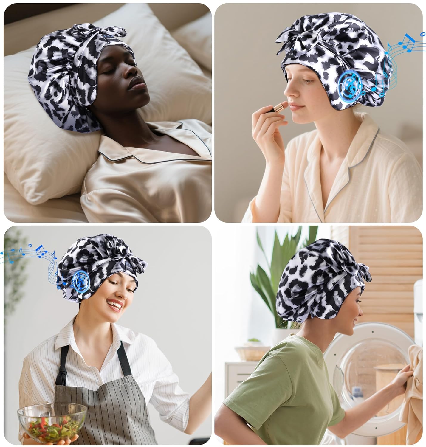 LC-dolida Bluetooth Silk Bonnet for Sleeping Women, Ajustable Satin Bonnet Night Sleep Hat Double Layer for Curly Hair with Tie Band Shower Caps - Pink Leopard