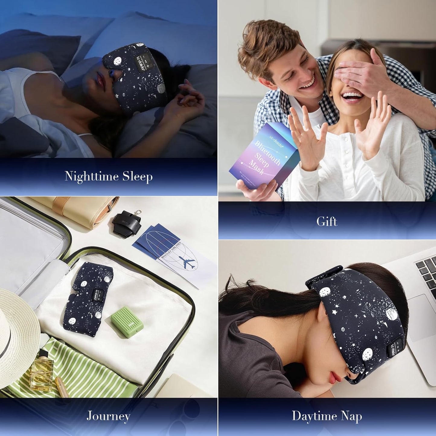 LC-dolida Sleep Mask with Bluetooth Headphones, Extra Large Silk Eye Mask for Sleeping Side Day Sleepers, Sleep Headphones Bluetooth 5.4 for Women Men with Thin Speaker, Blackout, Comfort, Microphone