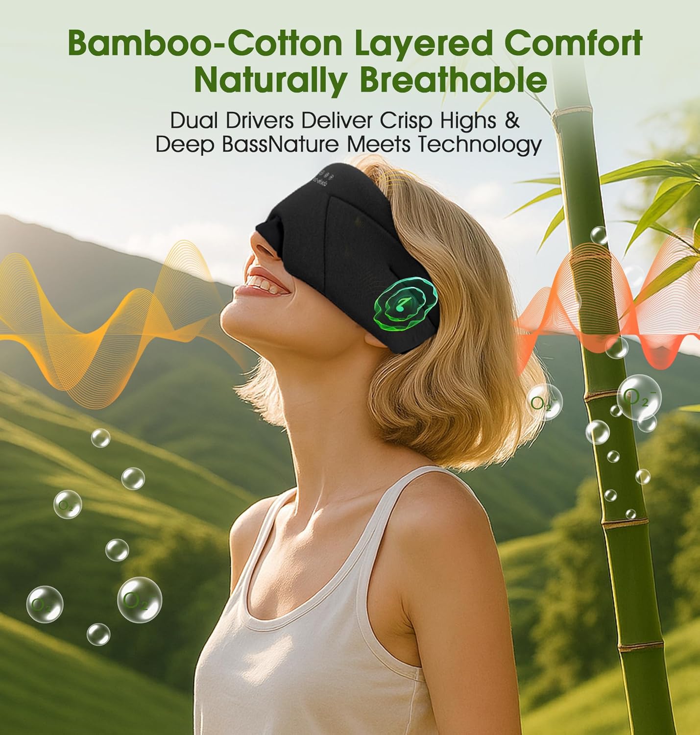 LC-dolida Sleep Mask with Headphones Bluetooth 5.4, Wireless Music Eye Mask for Sleeping Headphones with Soft Bamboo Cotton Cooling Breathable,Ultra-Thin Stereo Speaker for Side Sleepers-Black