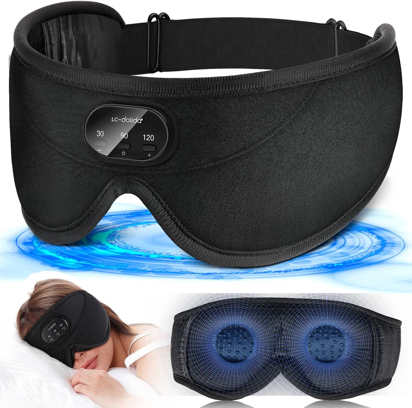 LC-dolida Sleep Headphones, White Noise Bluetooth Sleep Mask 3D Wireless Eye Mask Sleeping with Timing, Sleep Mask with Bluetooth Headphones for Side Sleepers Travel Yoga, Cool Gifts Men Women