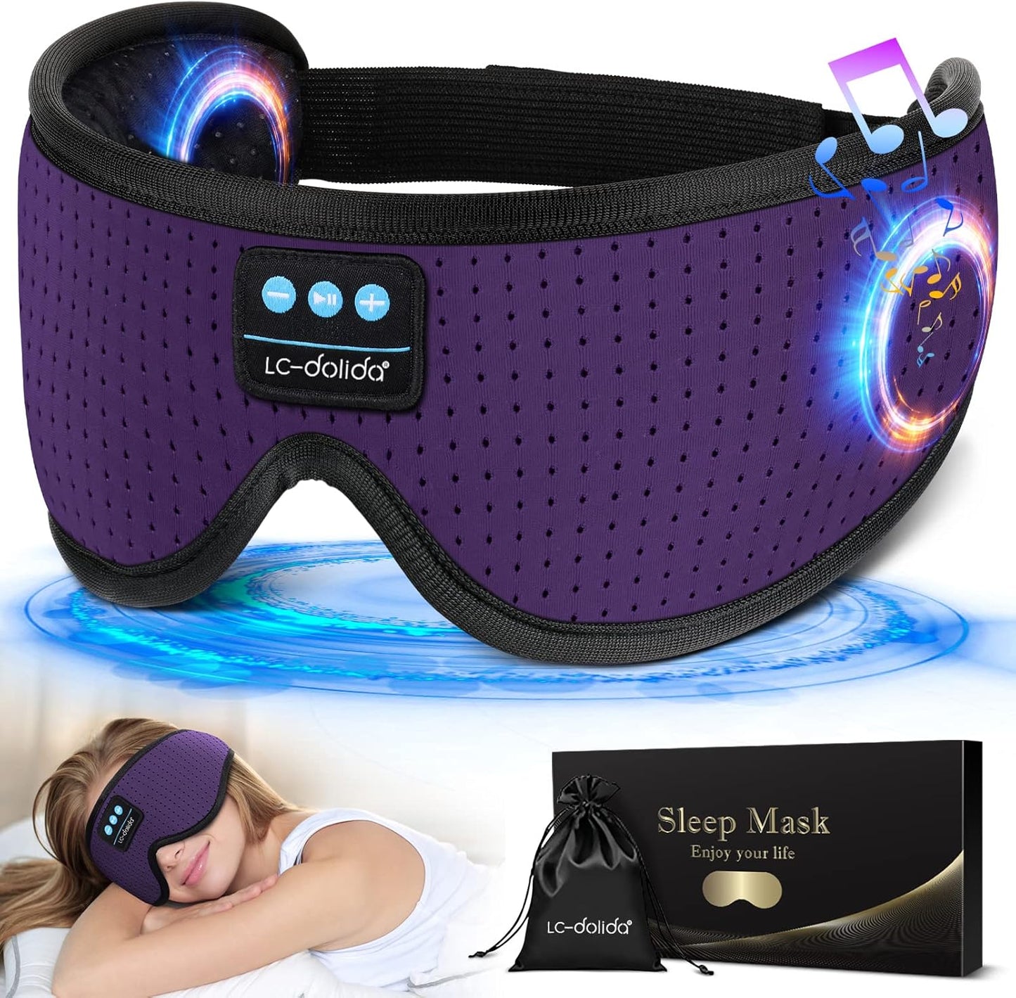 LC-dolida Sleep Headphones, Sleep Mask Bluetooth Wireless Music Eye Mask, Sleeping Headphones for Side Sleepers Sleep Mask with Bluetooth Headphones Ultra-Thin Stereo Speakers Perfect for Sleeping