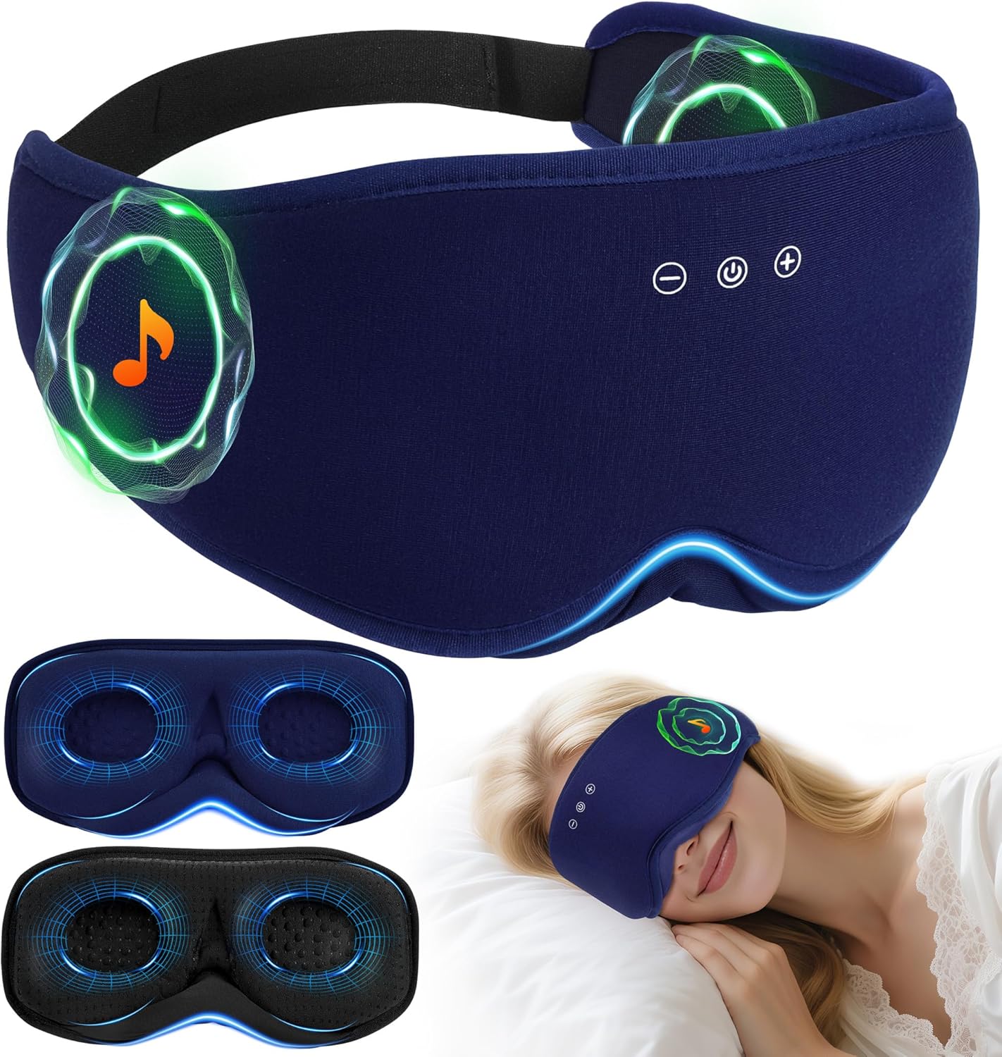 LC-dolida Bamboo Cotton Bluetooth Sleep Mask, 2 in 1 3D Soft Sleep Mask with Sleep Headphones, Sleep Eye Mask with Timming Setting, Blackout Sleeping Mask for Side Sleepers, Women Men, Navy