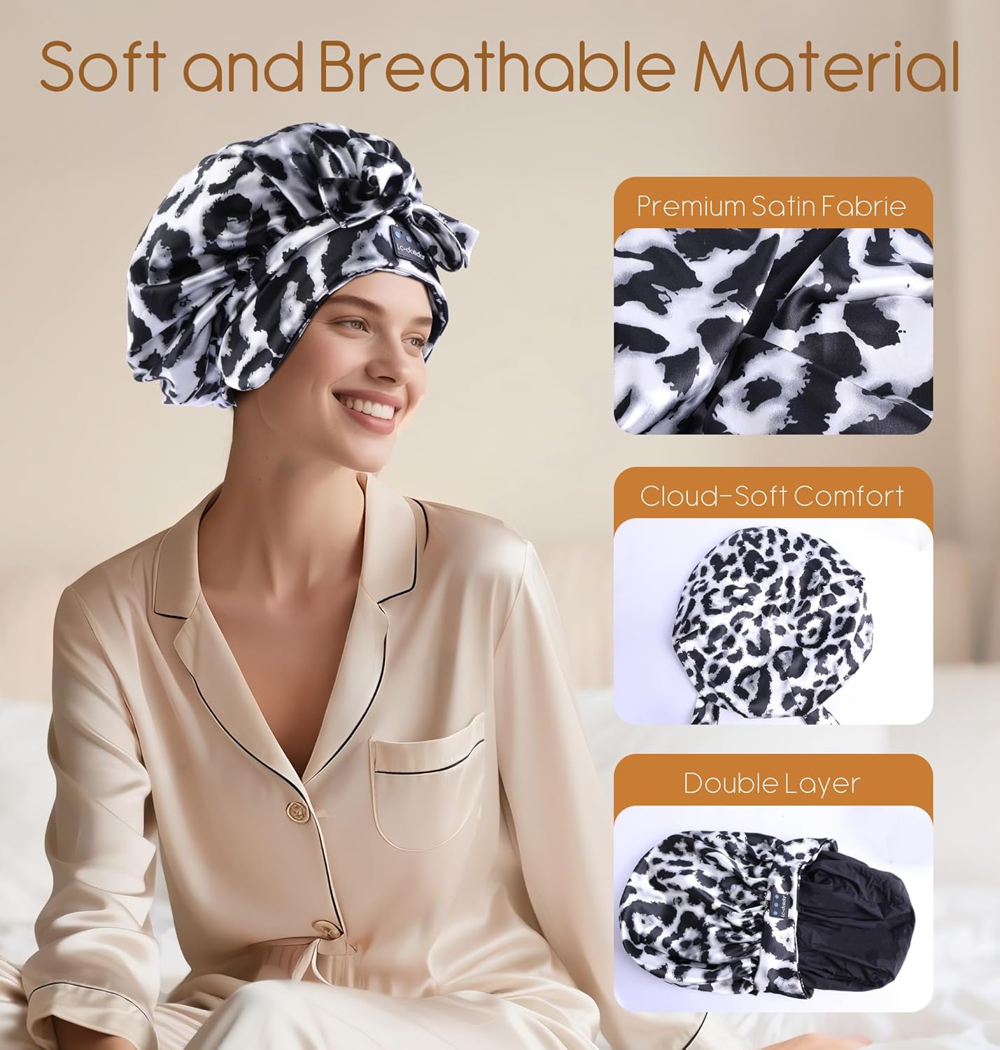 LC-dolida Bluetooth Silk Bonnet for Sleeping Women, Ajustable Satin Bonnet Night Sleep Hat Double Layer for Curly Hair with Tie Band Shower Caps - Pink Leopard