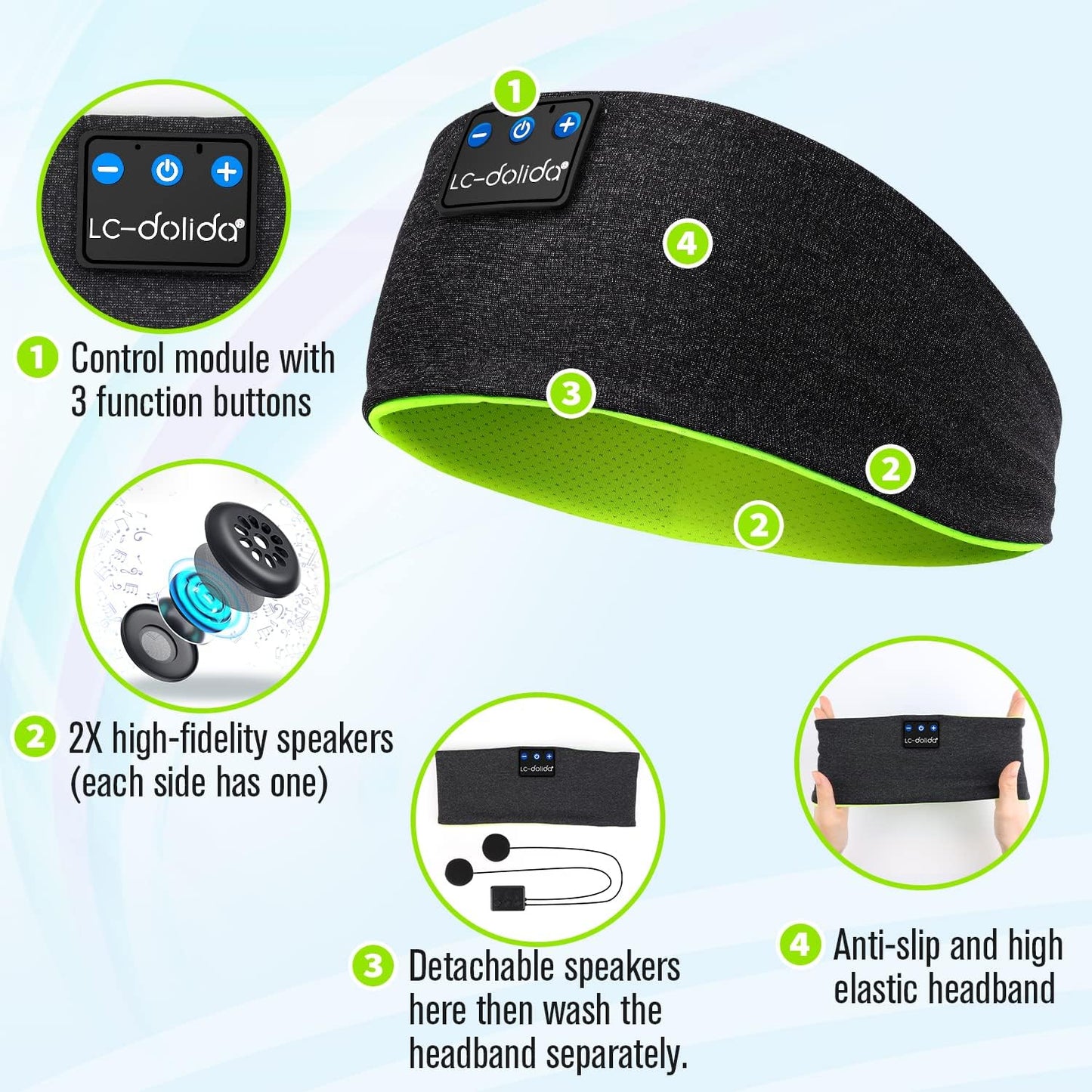 LC-dolida Sleep Headphones Bluetooth Headband, Wireless Earphones Built-in Speakers for Side Sleepers, Sleep Earbuds Gifts for Men, Women, Kids & Teens