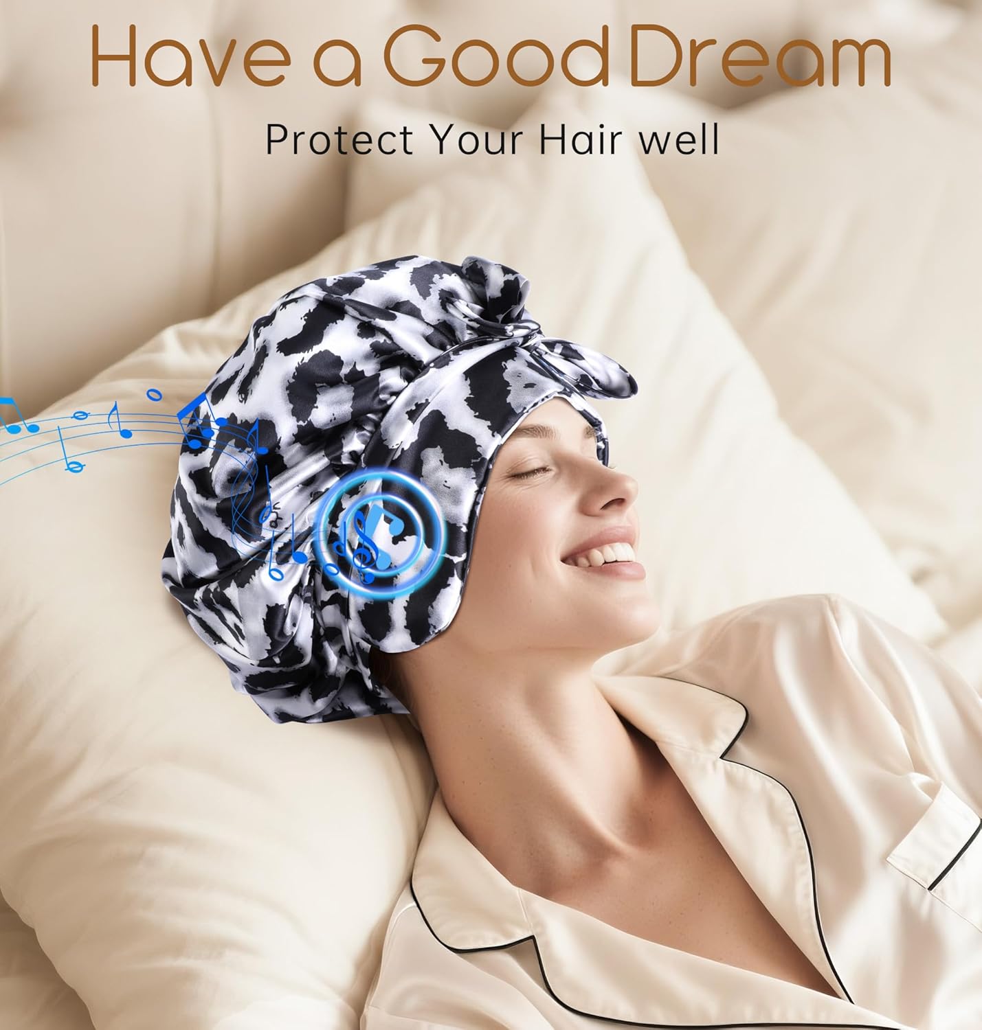 LC-dolida Bluetooth Silk Bonnet for Sleeping Women, Ajustable Satin Bonnet Night Sleep Hat Double Layer for Curly Hair with Tie Band Shower Caps - Pink Leopard