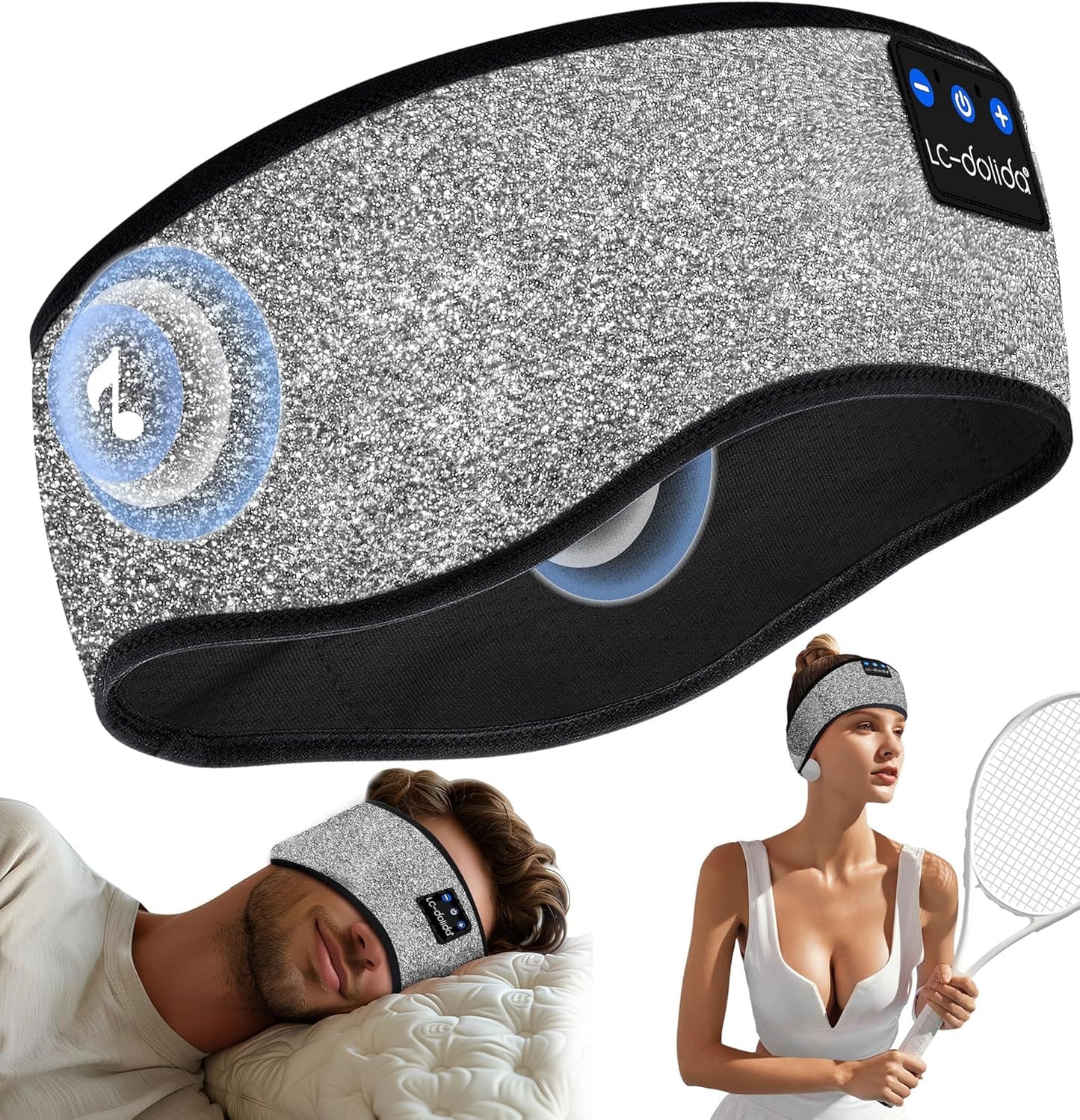 LC-dolida Reflective Black Headband Headphones Wireless, High Visibility Bluetooth 5.4 Over Ear Headphones Cooling Headband for Night Cycling, Jogging, Hiking, Outside