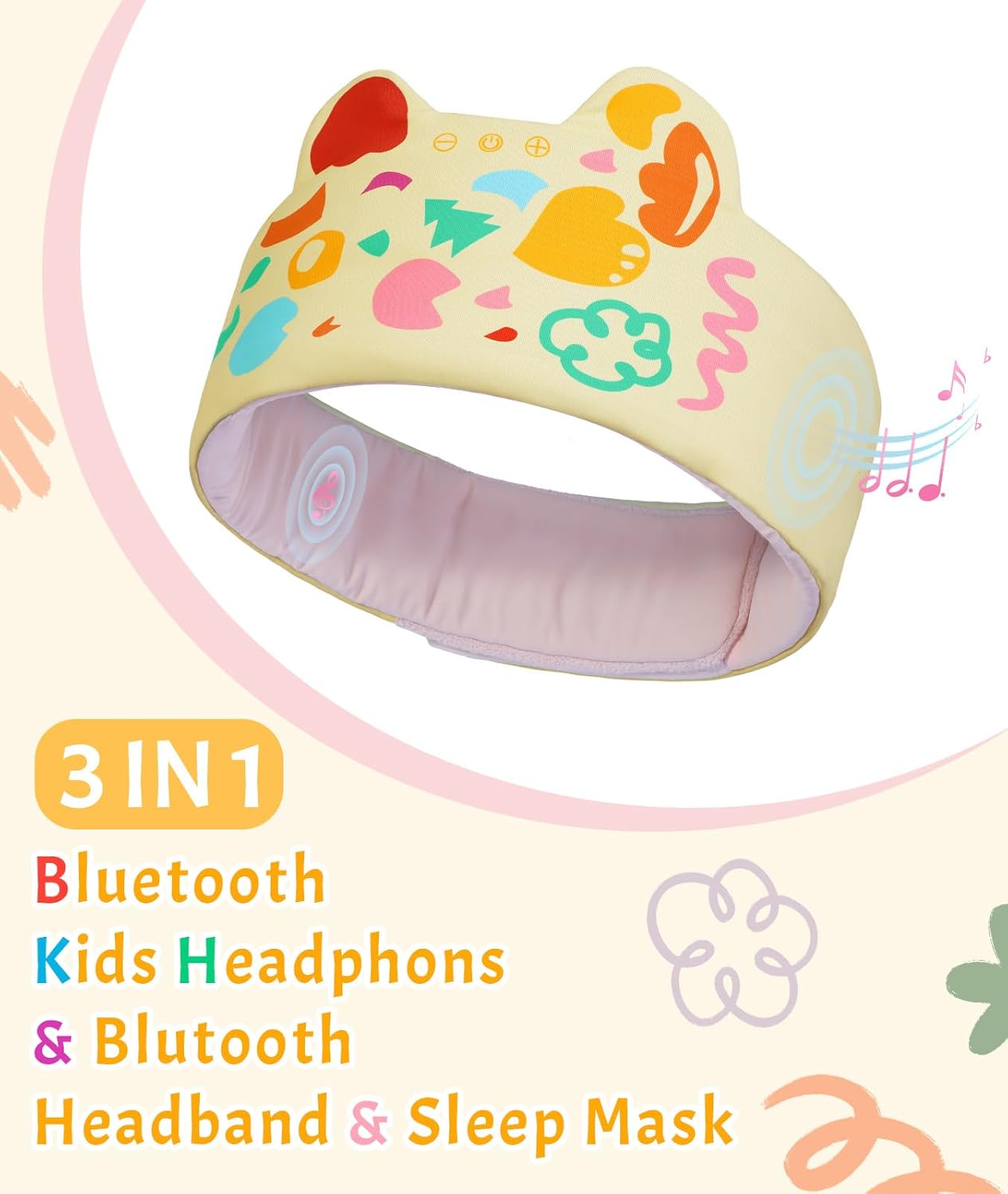 LC-dolida Kids Headphones Bluetooth Headband Sleep Mask Wireless Earphones Built in Thin Speaker Airplane Accessories for Boys & Girls Children Learning, Sleep and Entertainment (Yellow)