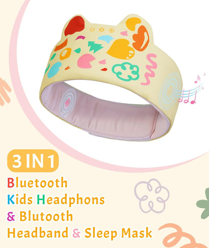LC-dolida Kids Headphones Bluetooth Headband Sleep Mask Wireless Earphones Built in Thin Speaker Airplane Accessories for Boys & Girls Children Learning, Sleep and Entertainment (Yellow)