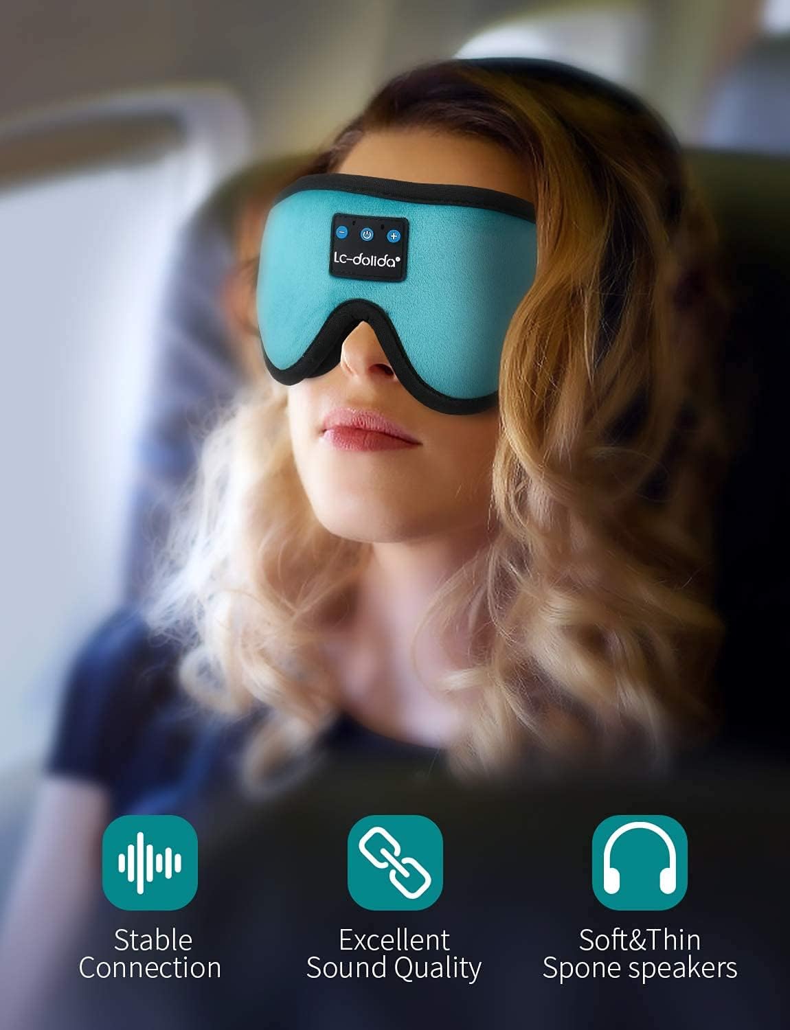 LC-dolida Sleep Headphones, Sleep Mask Bluetooth Wireless Music Eye Mask, Sleeping Headphones for Side Sleepers Sleep Mask with Bluetooth Headphones Ultra-Thin Stereo Speakers Perfect for Sleeping