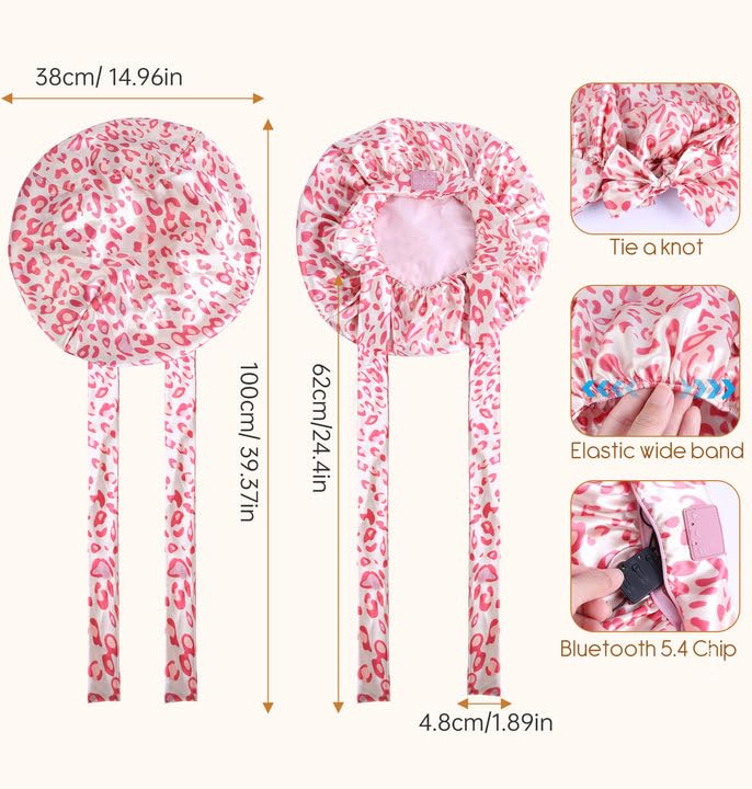 LC-dolida Bluetooth Silk Bonnet for Sleeping Women, Ajustable Satin Bonnet Night Sleep Hat Double Layer for Curly Hair with Tie Band Shower Caps - Pink Leopard