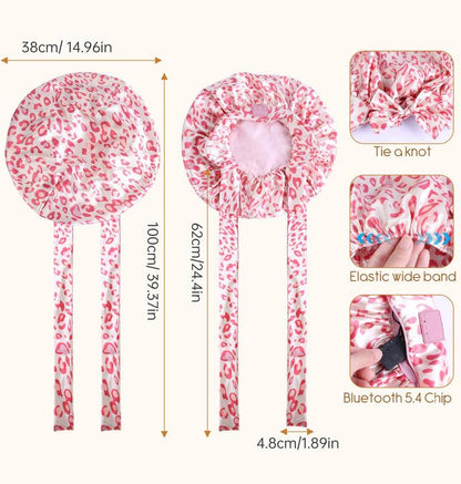 LC-dolida Bluetooth Silk Bonnet for Sleeping Women, Ajustable Satin Bonnet Night Sleep Hat Double Layer for Curly Hair with Tie Band Shower Caps - Pink Leopard