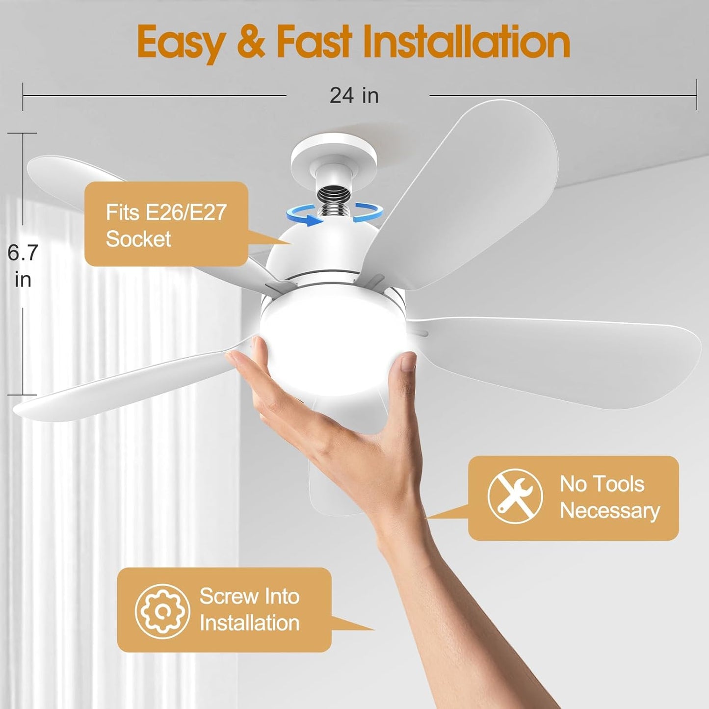 LC-dolida 24'' Socket Fan Lights with Remote Control, 3-Color Dimmable LED, 4 Speeds, E26/E27 Bulb Compatible, 2000 Lumens, Ceiling Fans with Lights for Bedroom, Dining Room, Home, White