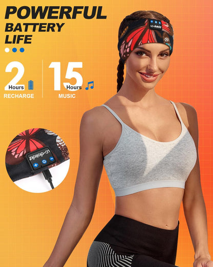 LC-dolida Sleep Headphones Headband Bluetooth 5.4, Sports Headband Earphones Wireless with Speaker Microphone USB C for Sleeping Gift Workout Jogging Yoga Insomnia Travel Meditation, Butterfly