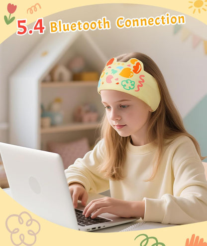 LC-dolida Kids Headphones Bluetooth Headband Sleep Mask Wireless Earphones Built in Thin Speaker Airplane Accessories for Boys & Girls Children Learning, Sleep and Entertainment (Yellow)