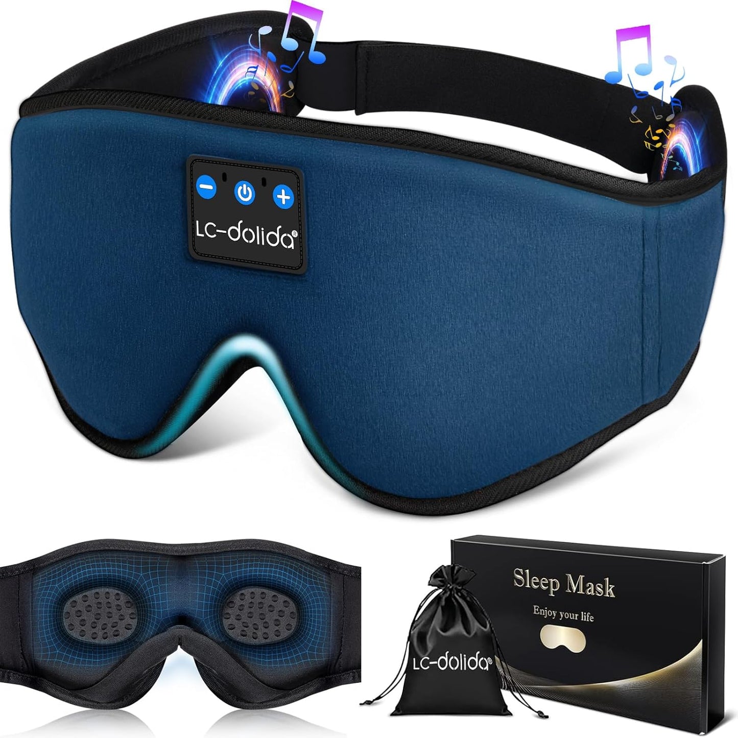 LC-dolida Sleep Headphones, Sleep Mask Bluetooth Wireless Music Eye Mask, Sleeping Headphones for Side Sleepers Sleep Mask with Bluetooth Headphones Ultra-Thin Stereo Speakers Perfect for Sleeping