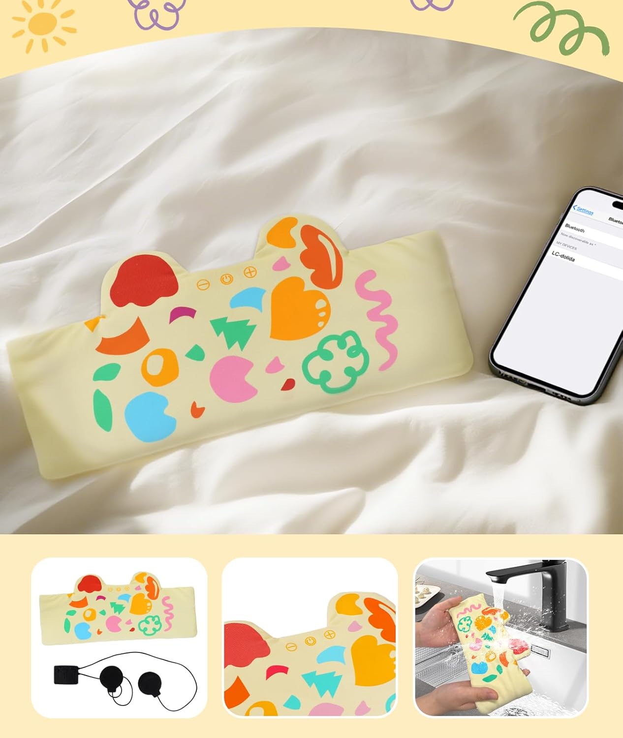 LC-dolida Kids Headphones Bluetooth Headband Sleep Mask Wireless Earphones Built in Thin Speaker Airplane Accessories for Boys & Girls Children Learning, Sleep and Entertainment (Yellow)