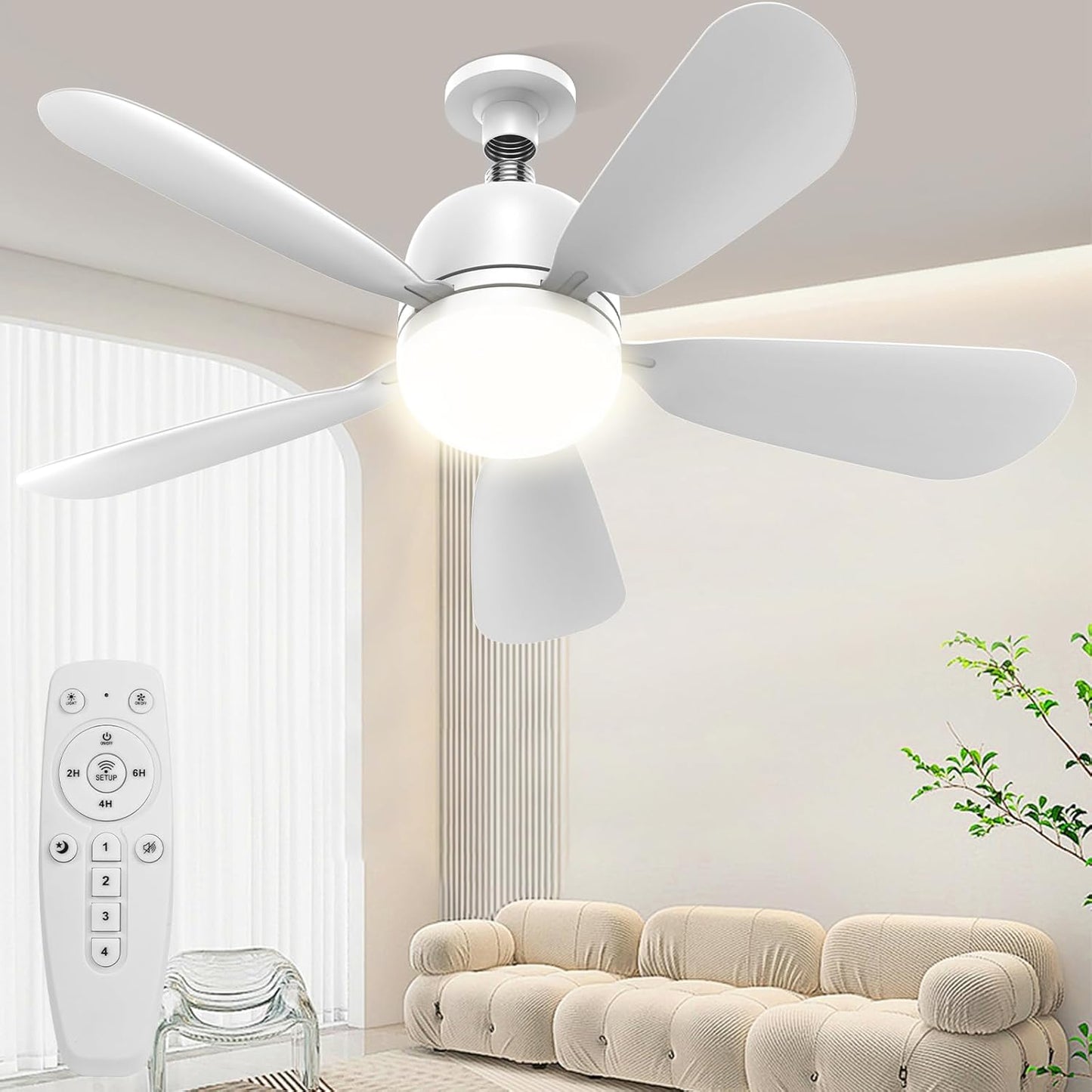 LC-dolida 24'' Socket Fan Lights with Remote Control, 3-Color Dimmable LED, 4 Speeds, E26/E27 Bulb Compatible, 2000 Lumens, Ceiling Fans with Lights for Bedroom, Dining Room, Home, White