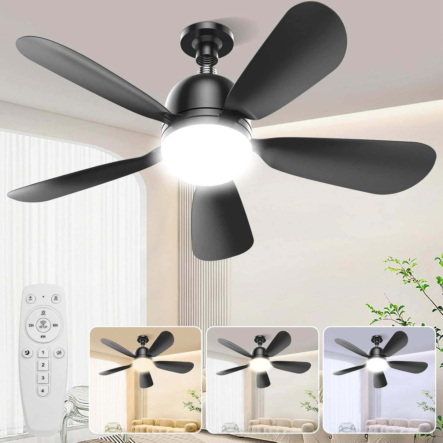 LC-dolida 24'' Socket Fan Lights with Remote Control, 3-Color Dimmable LED, 4 Speeds, E26/E27 Bulb Compatible, 2000 Lumens, Ceiling Fans with Lights for Bedroom, Dining Room, Home, White