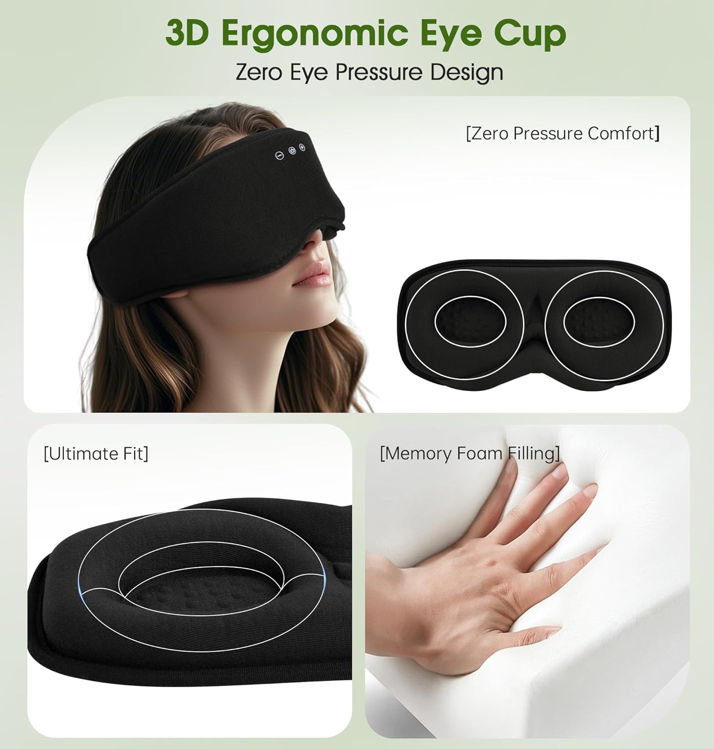 LC-dolida Bamboo Cotton Soft Sleep Mask, 2 in 1 3D Sleep Eye Mask with Bluetooth Sleep Headphones, Sleep Eye Mask with 2 Removable Cup, Blackout Sleeping Mask for Side Sleepers, Women Men, Black