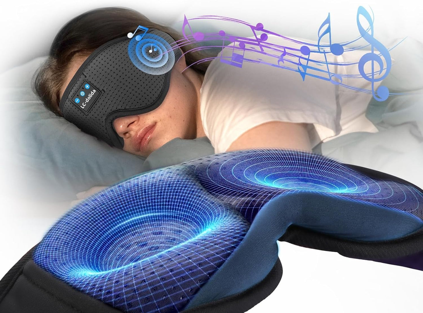 LC-dolida Sleep Headphones, Sleep Mask Bluetooth Wireless Music Eye Mask, Sleeping Headphones for Side Sleepers Sleep Mask with Bluetooth Headphones Ultra-Thin Stereo Speakers Perfect for Sleeping