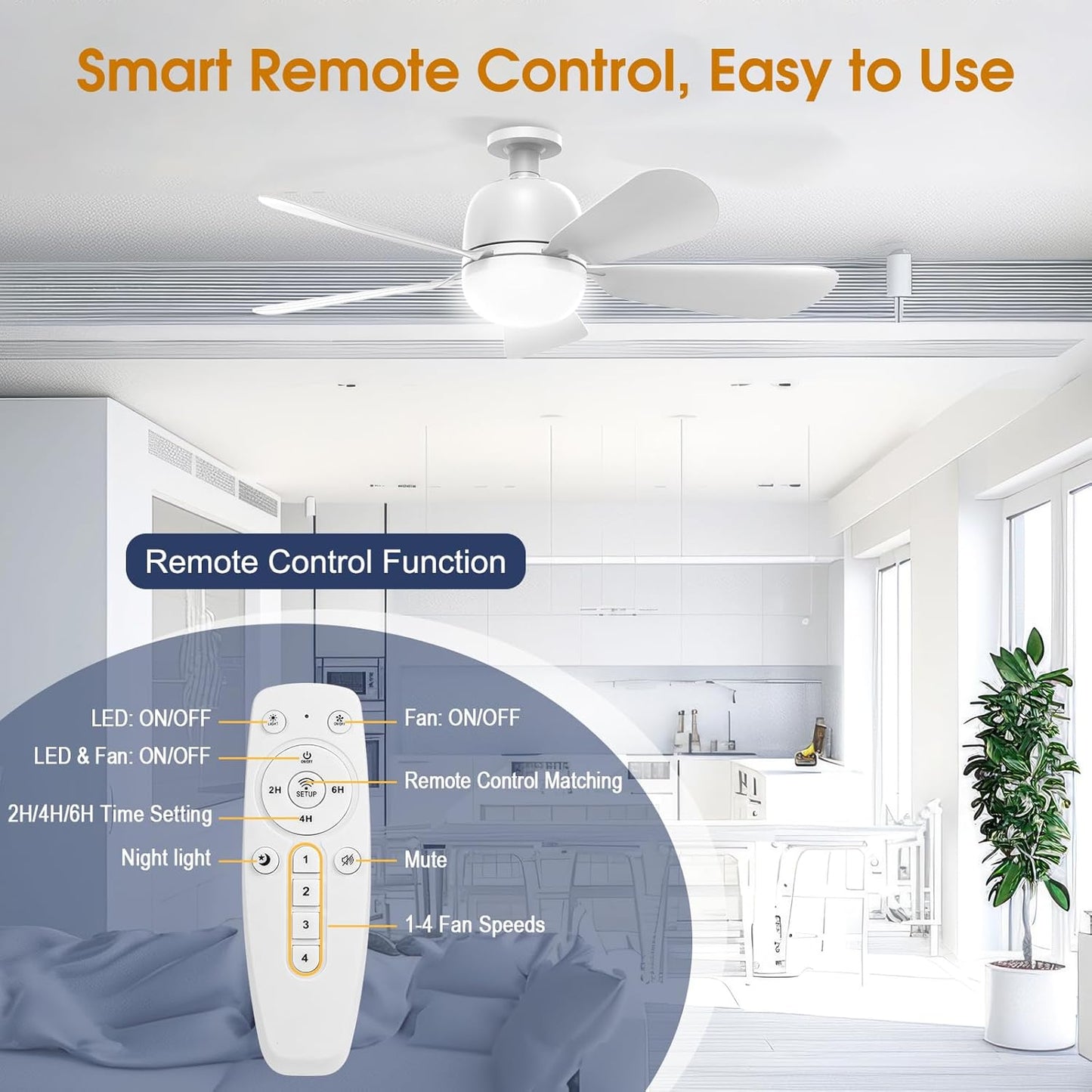 LC-dolida 24'' Socket Fan Lights with Remote Control, 3-Color Dimmable LED, 4 Speeds, E26/E27 Bulb Compatible, 2000 Lumens, Ceiling Fans with Lights for Bedroom, Dining Room, Home, White