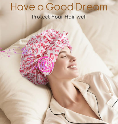 LC-dolida Bluetooth Silk Bonnet for Sleeping Women, Ajustable Satin Bonnet Night Sleep Hat Double Layer for Curly Hair with Tie Band Shower Caps - Pink Leopard