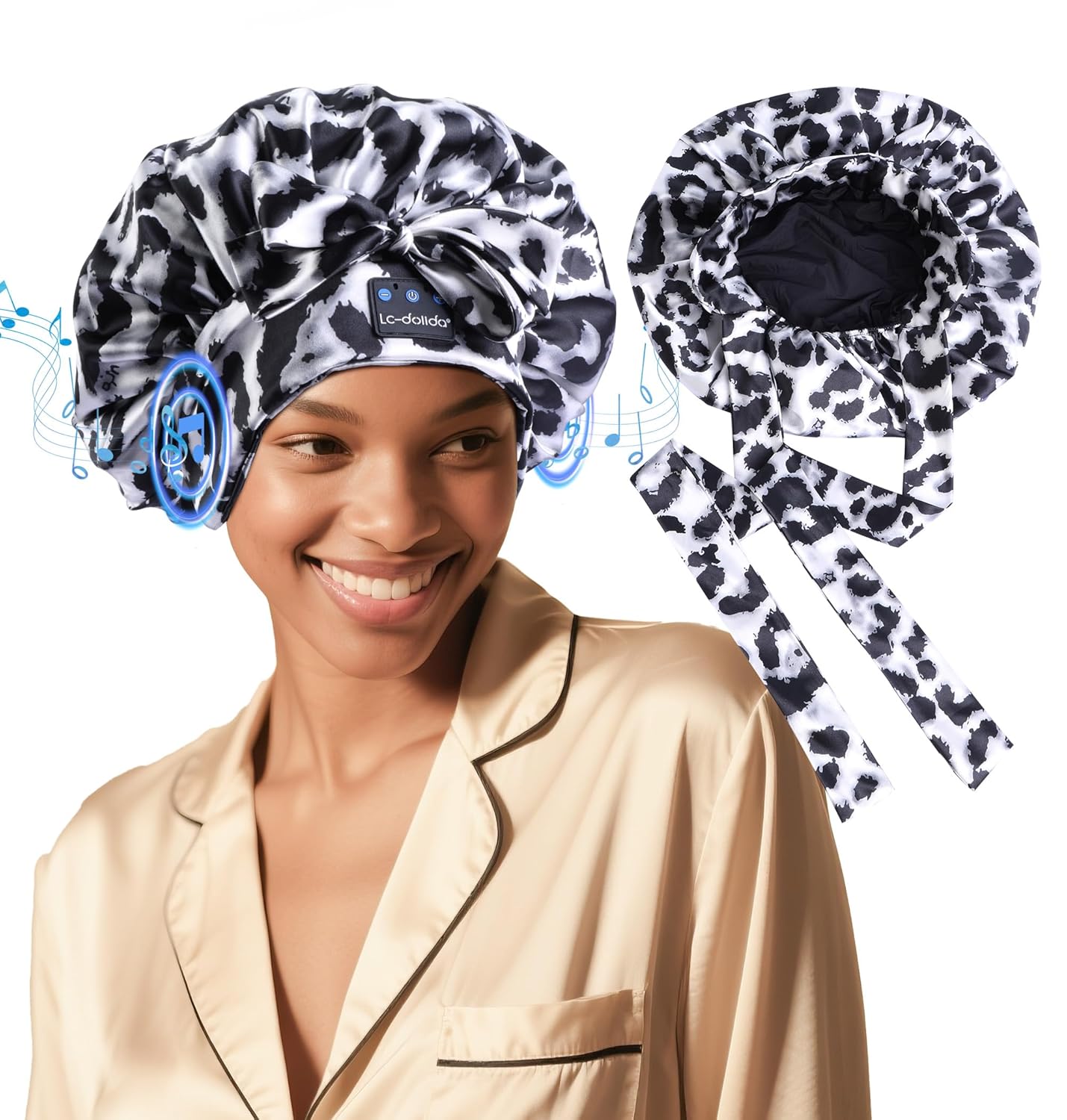 LC-dolida Bluetooth Silk Bonnet for Sleeping Women, Ajustable Satin Bonnet Night Sleep Hat Double Layer for Curly Hair with Tie Band Shower Caps - Pink Leopard