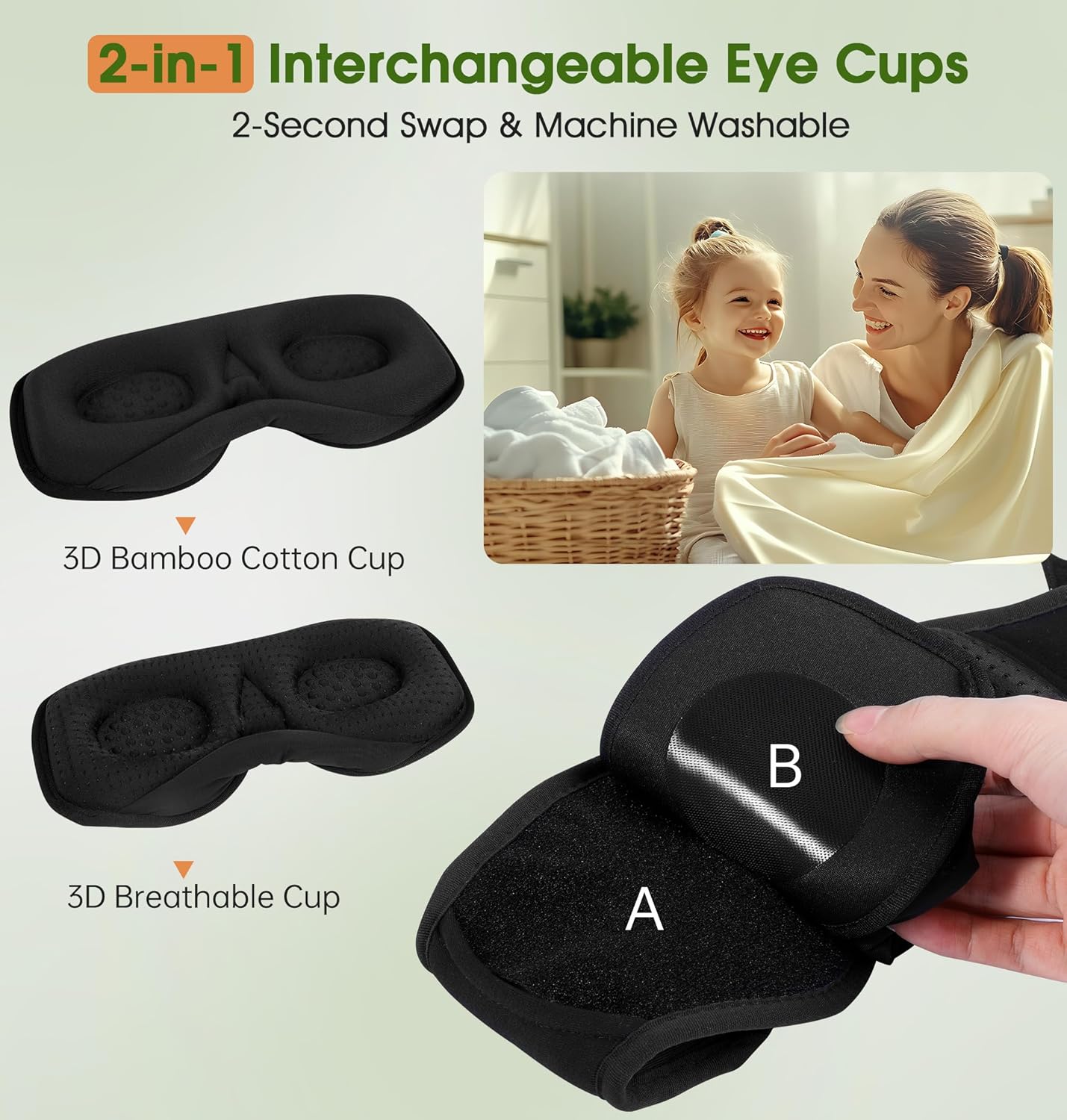 LC-dolida Bamboo Cotton Soft Sleep Mask, 2 in 1 3D Sleep Eye Mask with Bluetooth Sleep Headphones, Sleep Eye Mask with 2 Removable Cup, Blackout Sleeping Mask for Side Sleepers, Women Men, Black