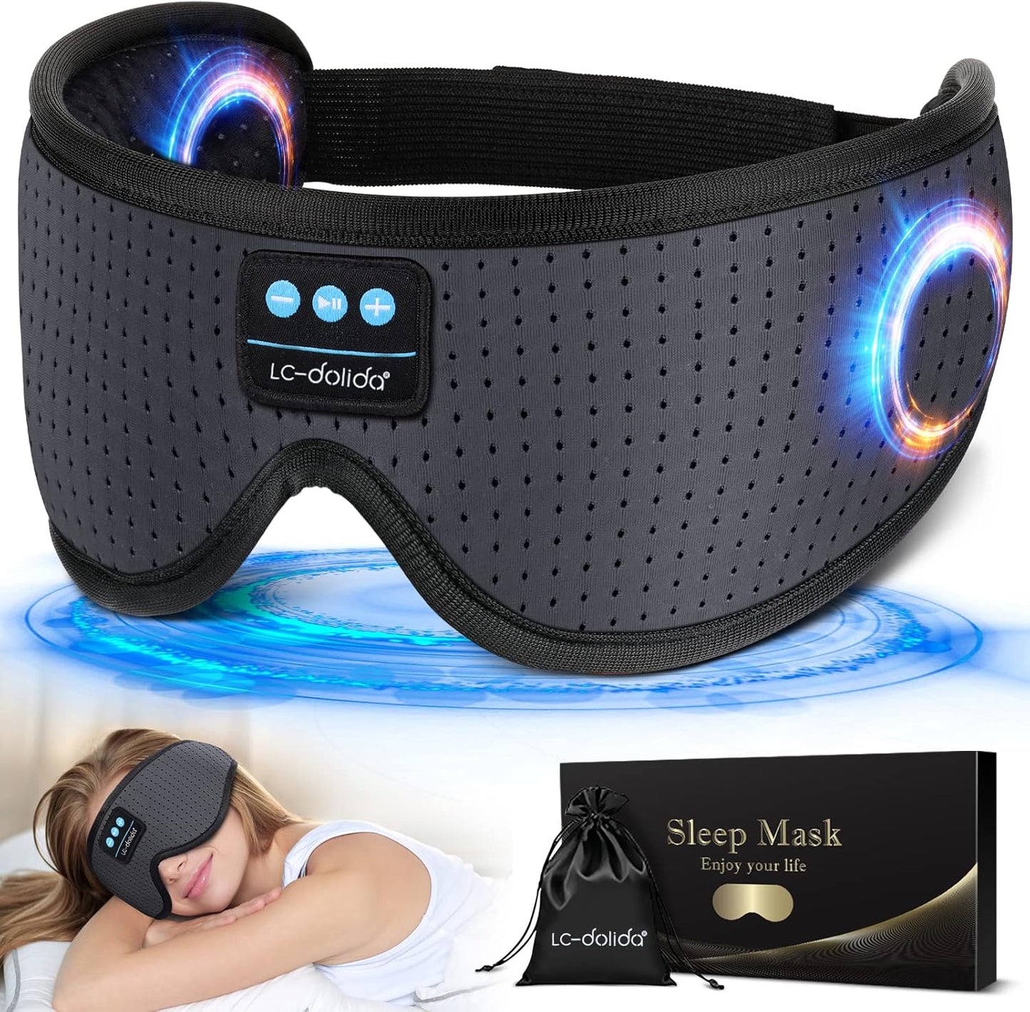 LC-dolida Sleep Mask Bluetooth Headphones Weighted Sleeping Mask 3D Eye Mask Pressure Relief Night Sleep Eye Mask Music Sleeping Headphones for Side Sleepers Meditation Gifts for Men Women