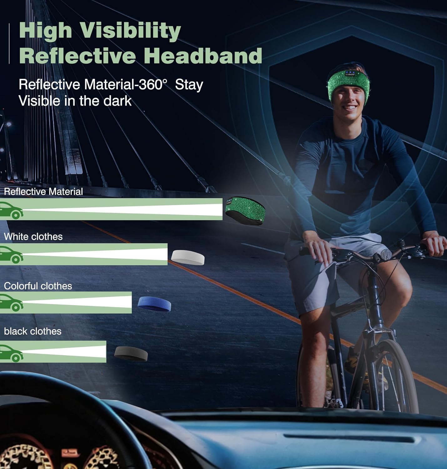 LC-dolida Bluetooth Headphones Headband, Reflective Black Headband Headphones Wireless, High Visibility Bluetooth 5.4 Over Ear Headphones Cooling Headband for Night Cycling, Jogging, Hiking, Outdoor
