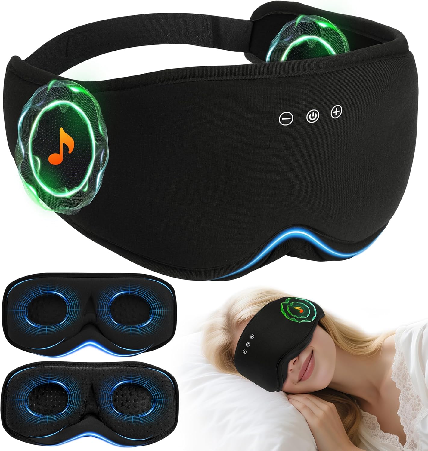 LC-dolida Bamboo Cotton Soft Sleep Mask, 2 in 1 3D Sleep Eye Mask with Bluetooth Sleep Headphones, Sleep Eye Mask with 2 Removable Cup, Blackout Sleeping Mask for Side Sleepers, Women Men, Black