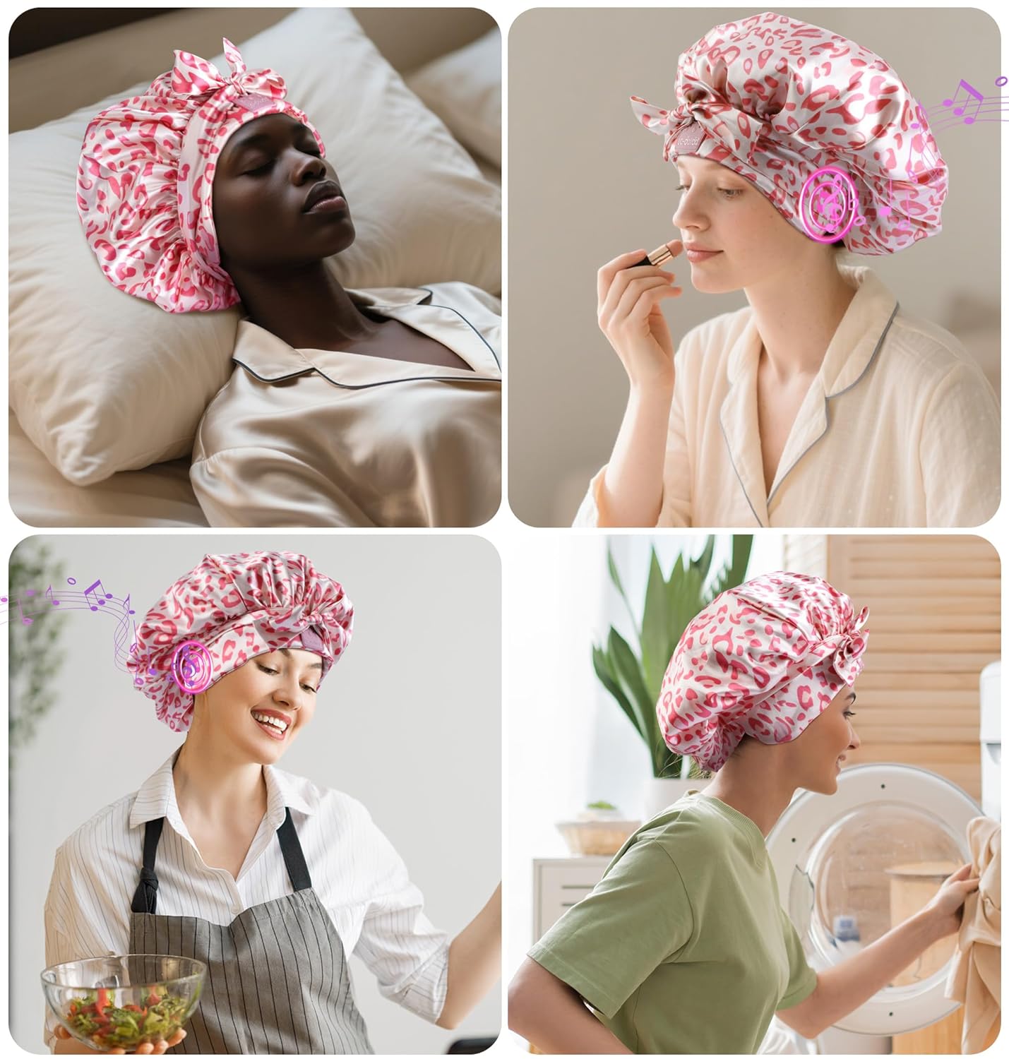 LC-dolida Bluetooth Silk Bonnet for Sleeping Women, Ajustable Satin Bonnet Night Sleep Hat Double Layer for Curly Hair with Tie Band Shower Caps - Pink Leopard