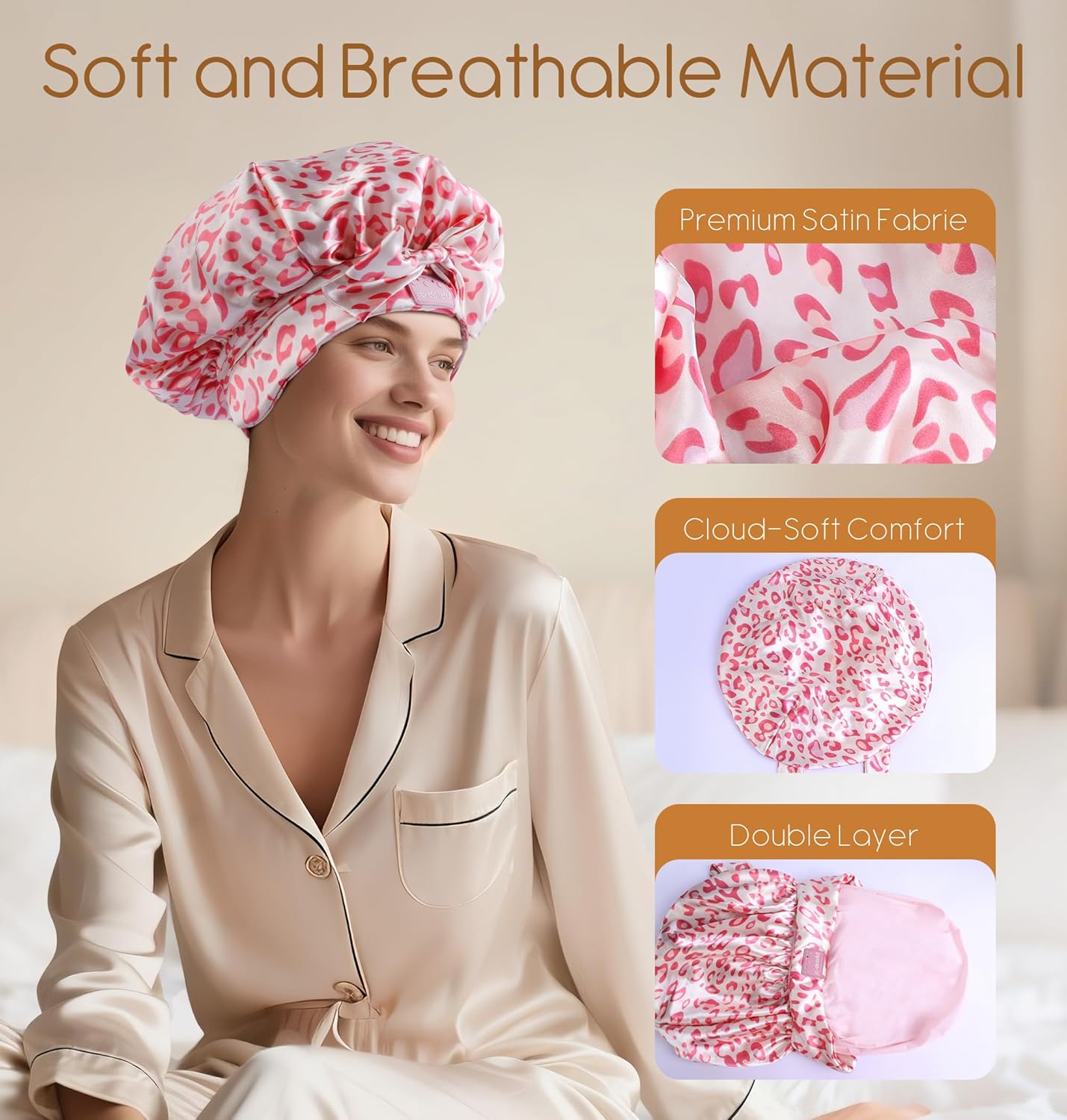 LC-dolida Bluetooth Silk Bonnet for Sleeping Women, Ajustable Satin Bonnet Night Sleep Hat Double Layer for Curly Hair with Tie Band Shower Caps - Pink Leopard