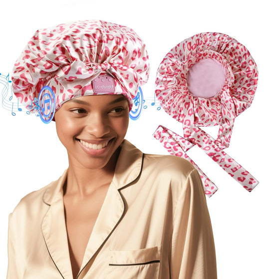 LC-dolida Bluetooth Silk Bonnet for Sleeping Women, Ajustable Satin Bonnet Night Sleep Hat Double Layer for Curly Hair with Tie Band Shower Caps - Pink Leopard