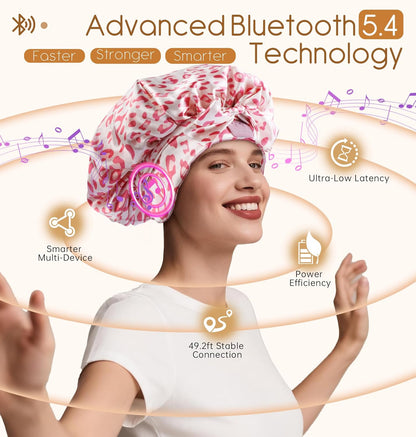 LC-dolida Bluetooth Silk Bonnet for Sleeping Women, Ajustable Satin Bonnet Night Sleep Hat Double Layer for Curly Hair with Tie Band Shower Caps - Pink Leopard