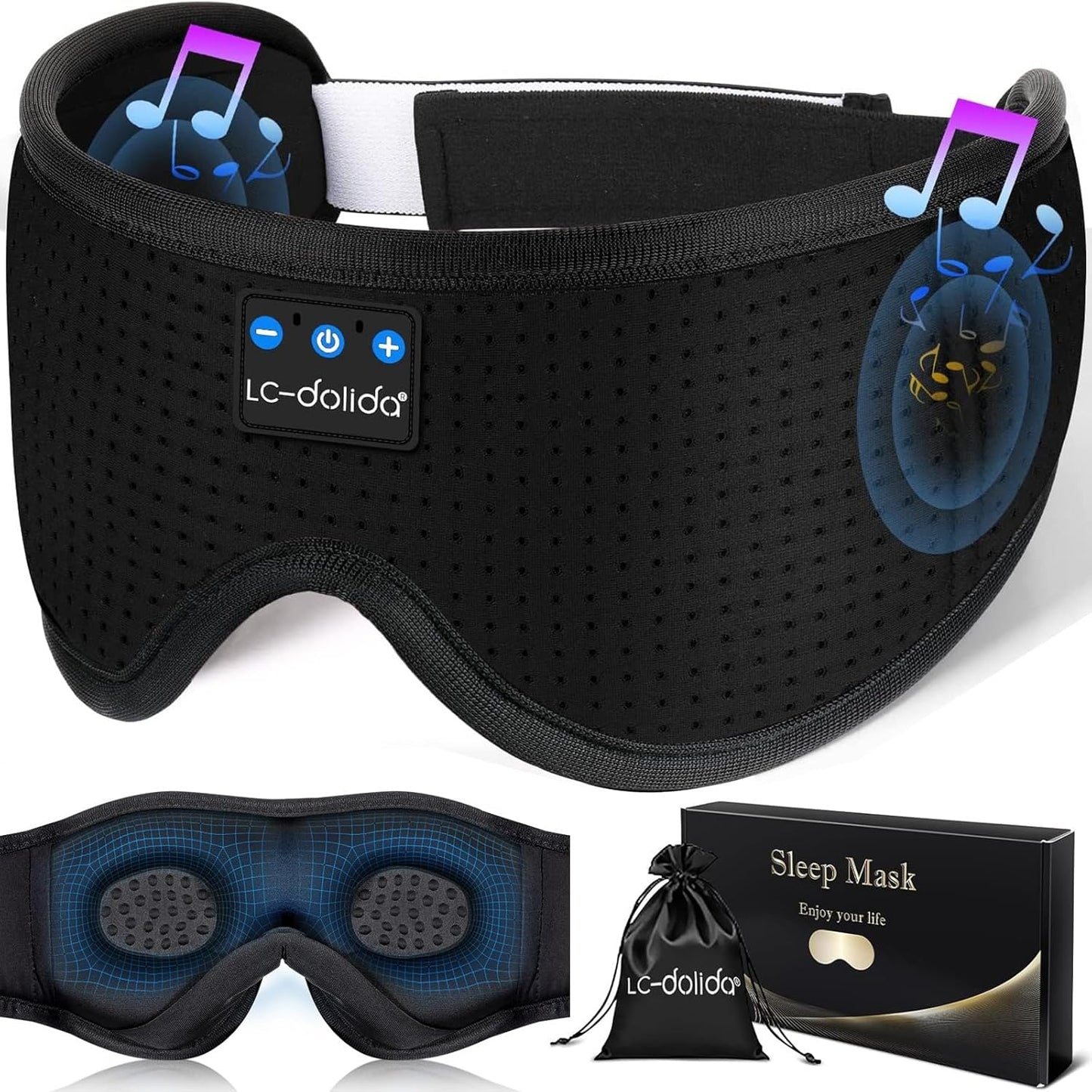 LC-dolida Sleep Headphones, Sleep Mask Bluetooth Wireless Music Eye Mask, Sleeping Headphones for Side Sleepers Sleep Mask with Bluetooth Headphones Ultra-Thin Stereo Speakers Perfect for Sleeping