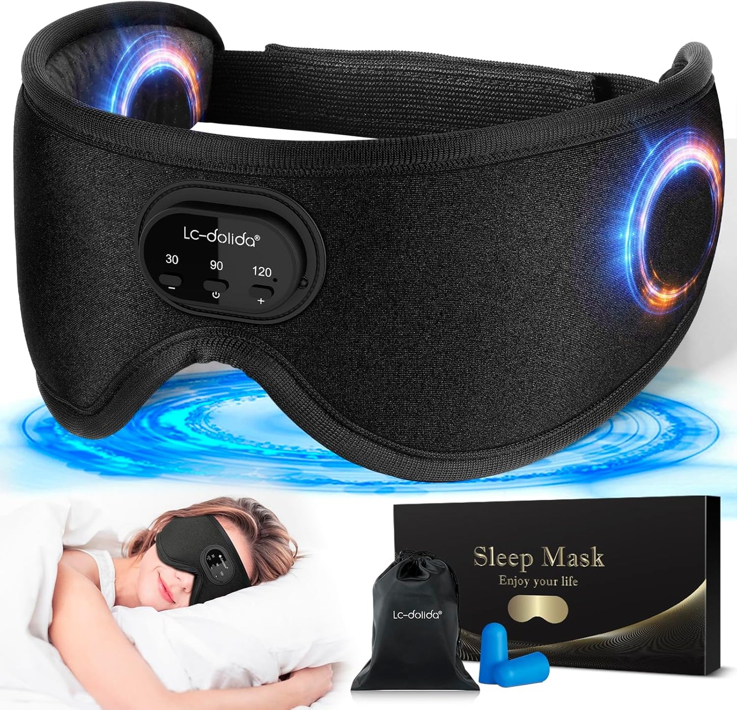 LC-dolida Sleep Mask Bluetooth Headphones Weighted Sleeping Mask 3D Eye Mask Pressure Relief Night Sleep Eye Mask Music Sleeping Headphones for Side Sleepers Meditation Gifts for Men Women