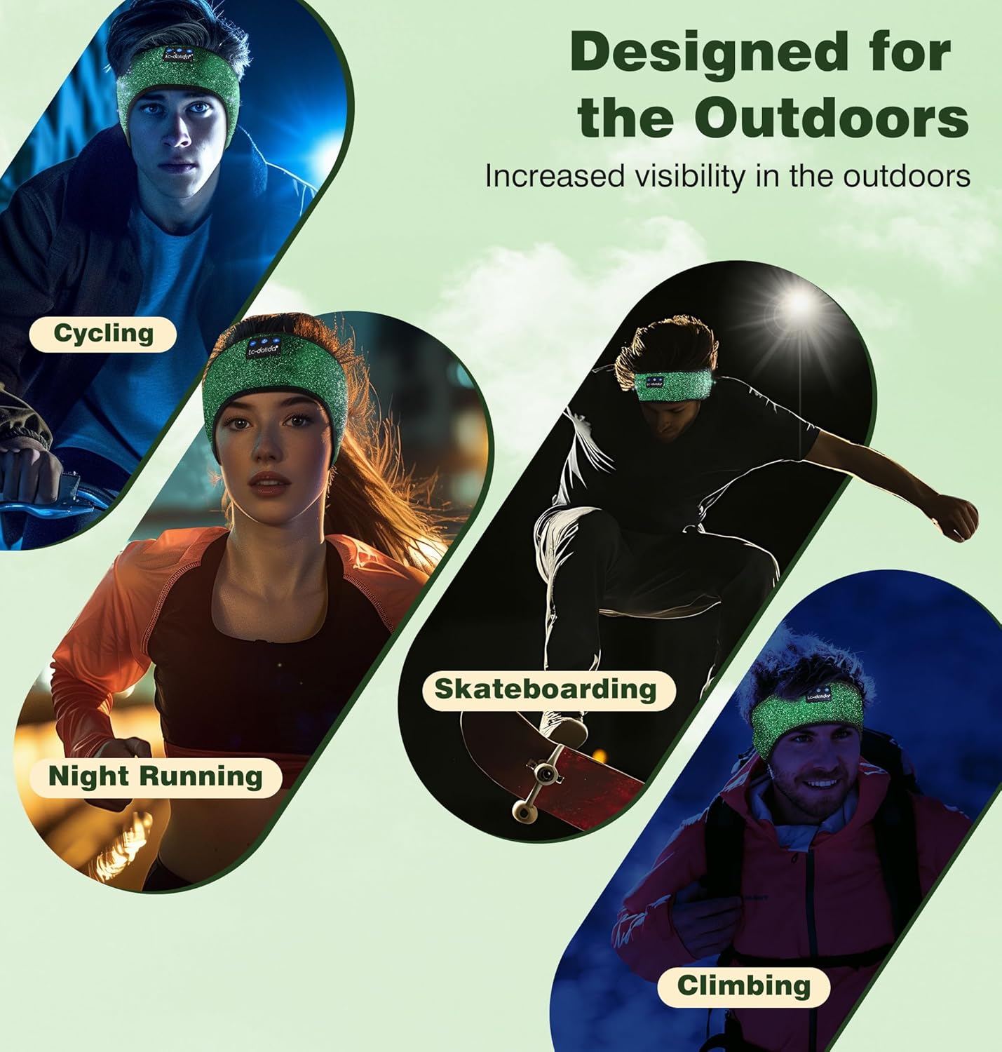 LC-dolida Bluetooth Headphones Headband, Reflective Black Headband Headphones Wireless, High Visibility Bluetooth 5.4 Over Ear Headphones Cooling Headband for Night Cycling, Jogging, Hiking, Outdoor
